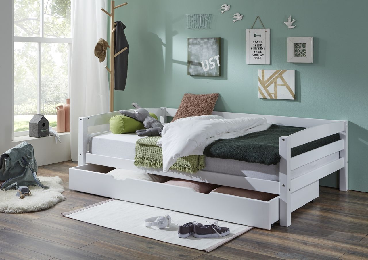 Relita Einzelbett Nora mit Bettkasten in Buche massiv, ohne Lattenrost, weiß lackiert, Liegefläche 90x200 cm, Bettkasten 90x190 cm