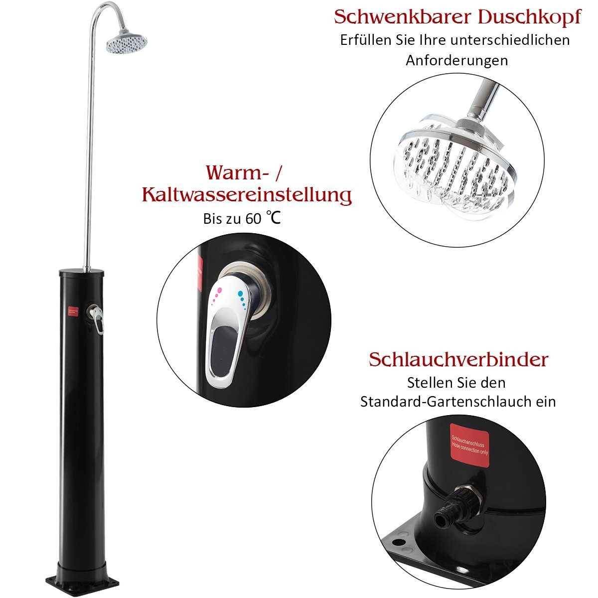 COSTWAY Solardusche, 2 Wasserhähne, 3,5bar, bis zu 60°C, 213cm Höhe