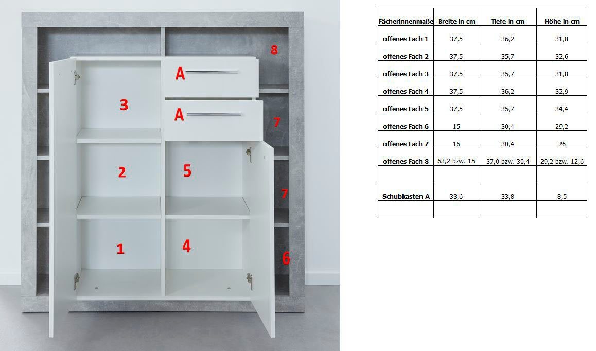 INOSIGN Highboard Gwendolyn (1 St), weiße Hochglanzfronten, moderner Wohnzimmerschrank, Breite ca. 121 cm