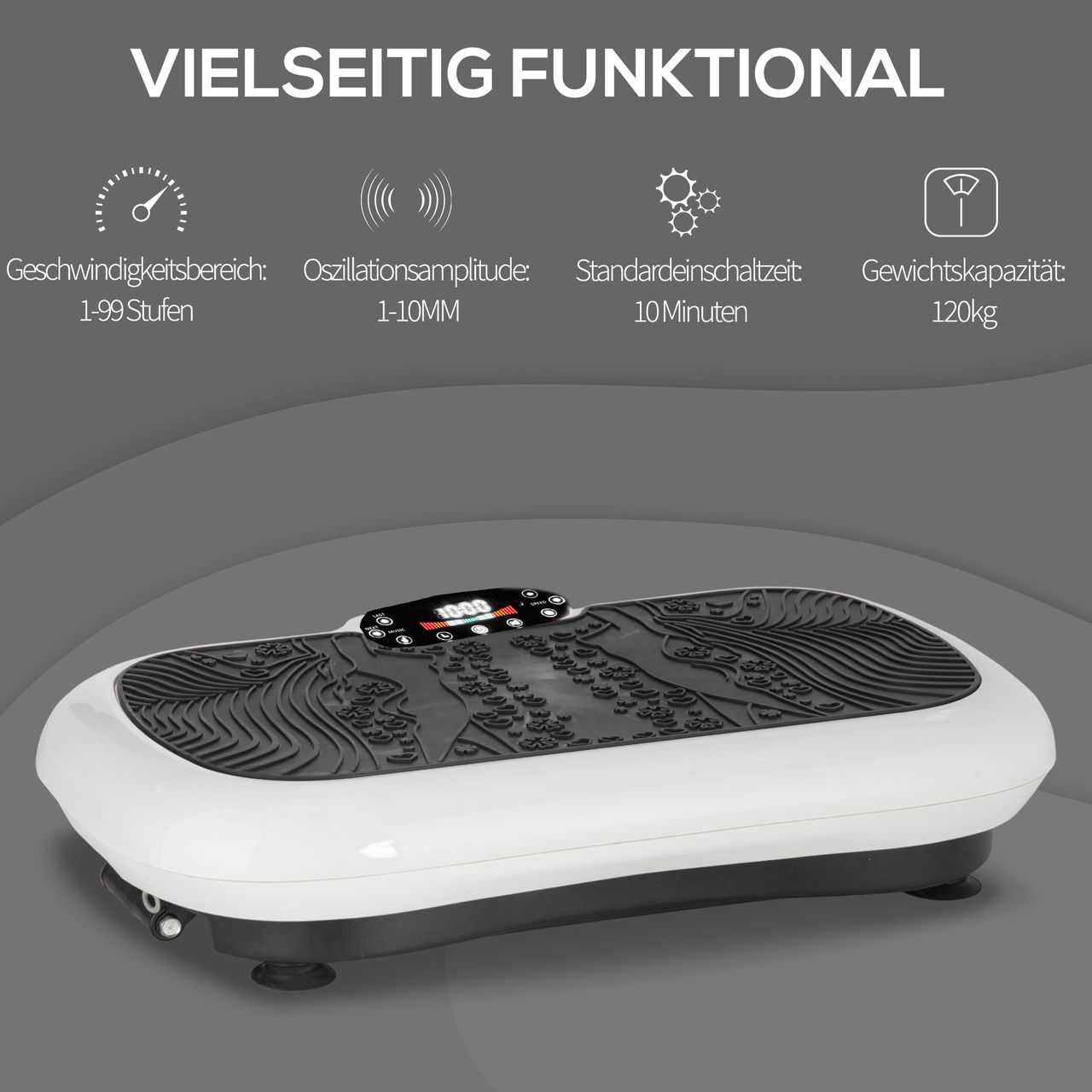 HOMCOM Vibrationsplatte mit 2 Fitnessbändern 99 Vibrationsstufen 120 kg Belastbarkeit Rüttelplatte Fitnessgeräte für Ganzkörpertraining zu Hause mit LCD-Anzeige 200W 73 x 40 x 13cm Weiß Schwarz