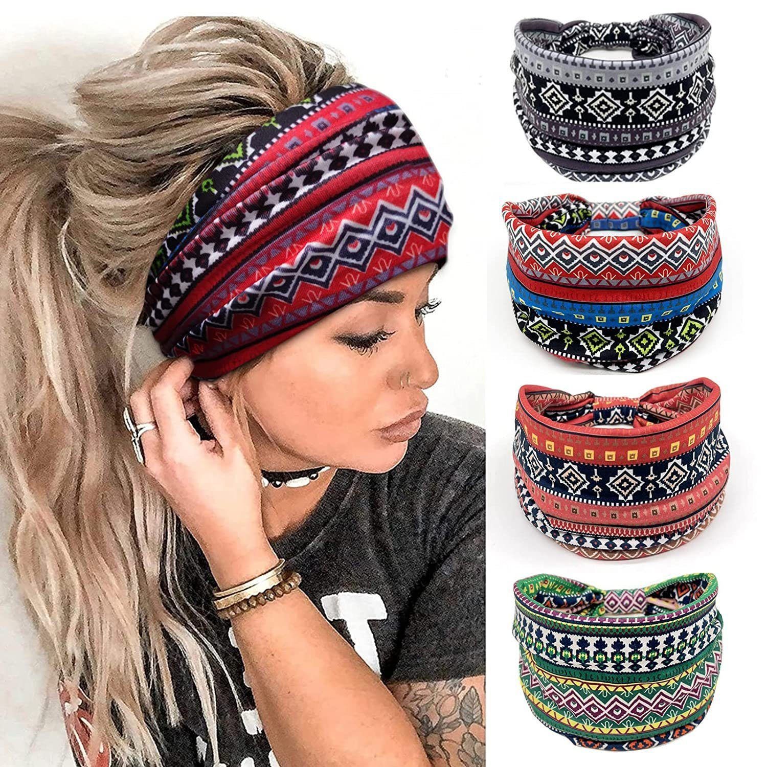 YYV Haarband Stirnband Damen Breite Elastische Weiche Boho Haarbänder Leopard Print, 4-tlg., Haarschmuck Yoga Sport Haarband Mehrfarbig Haarreifen Damen
