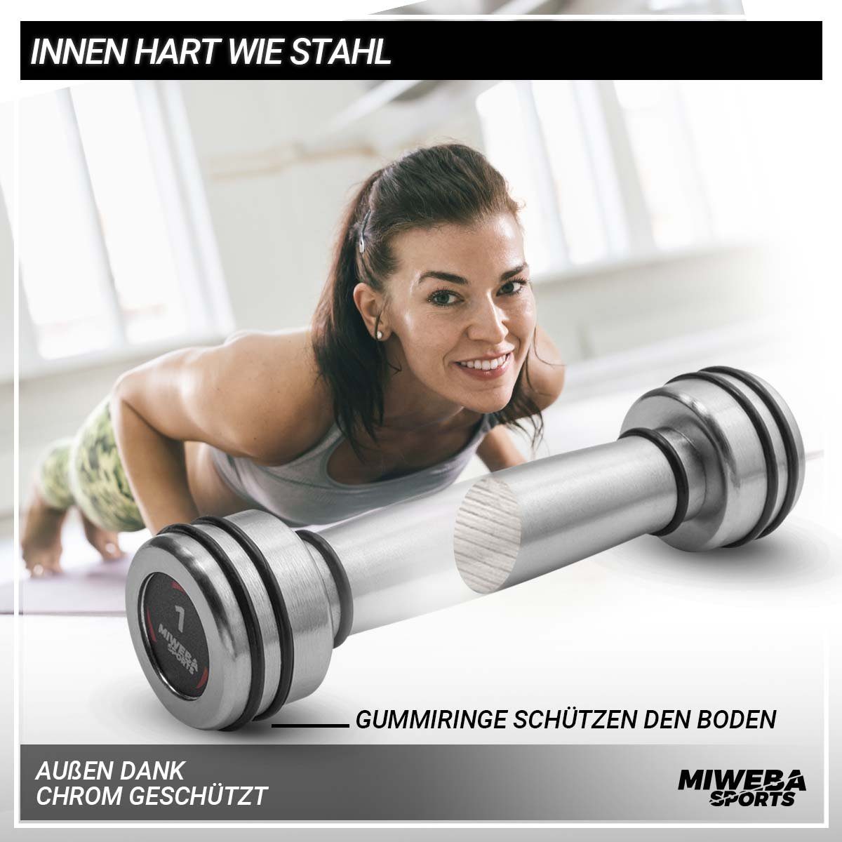 Miweba Sports Hantel-Set Profi Chrom Gymnastik Hantel Set - 8 Gewichtsklassen, (1 kg - 2 kg - 3 kg - 4 kg - 5 kg - 6 kg - 8 kg -10 kg - Stahl - Hochglanz-Optik - bodenschonend - schwarz / silber - Fitnesshanteln - Krafttraining - Sport - Workout - Tr