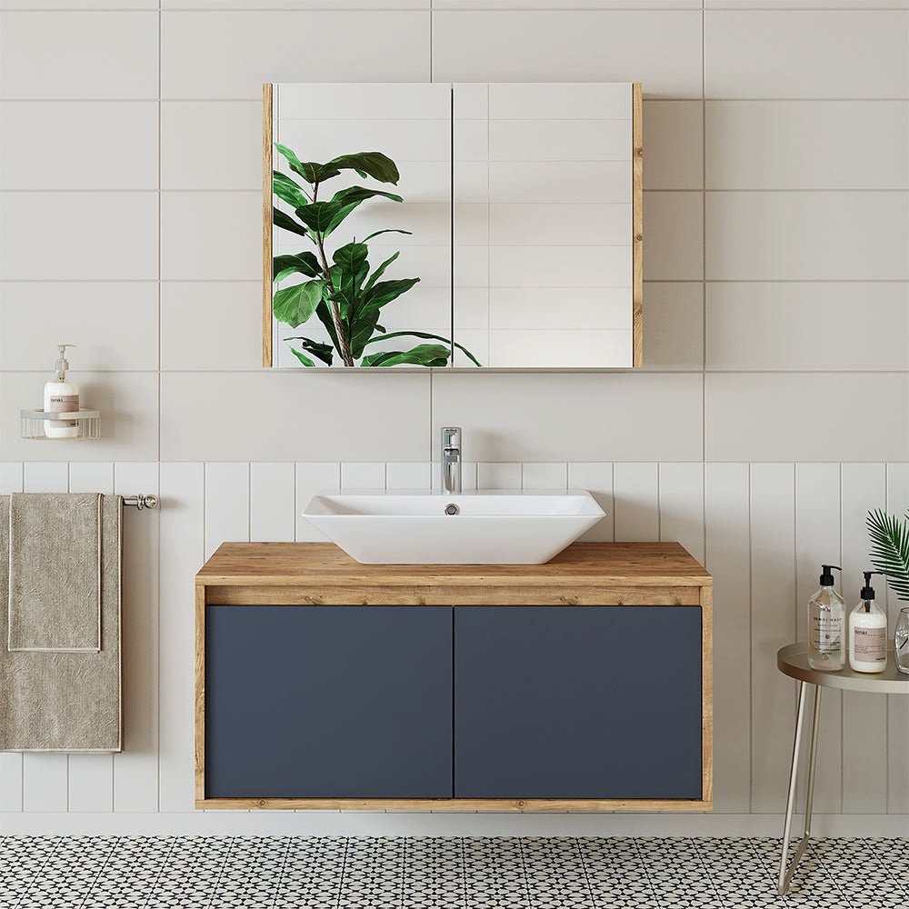 Roomart Badmöbel-Set, (Badmöbel Set 3-teilig 100cm Unterschrank mit Waschbecken Spiegelscrank)