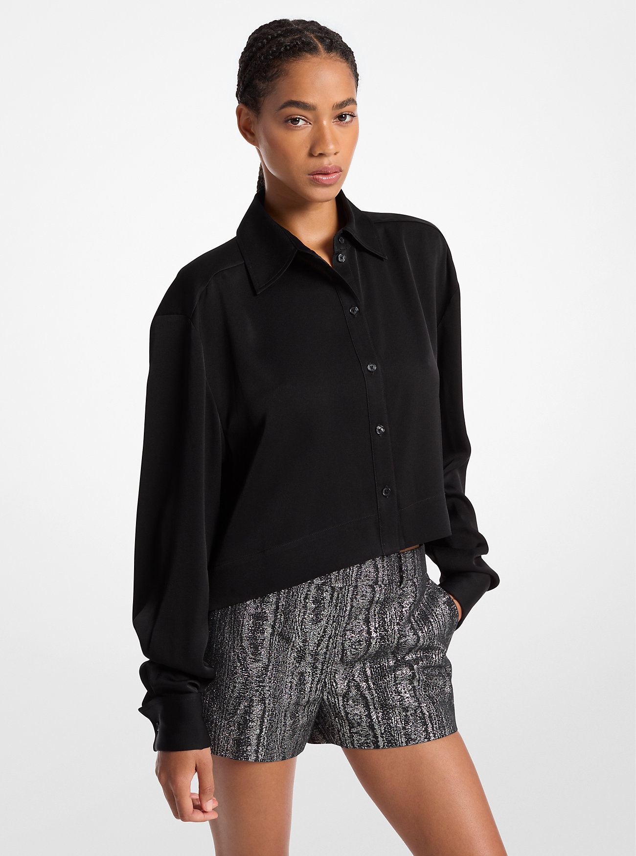 Satin Cropped Shirt - BLACK