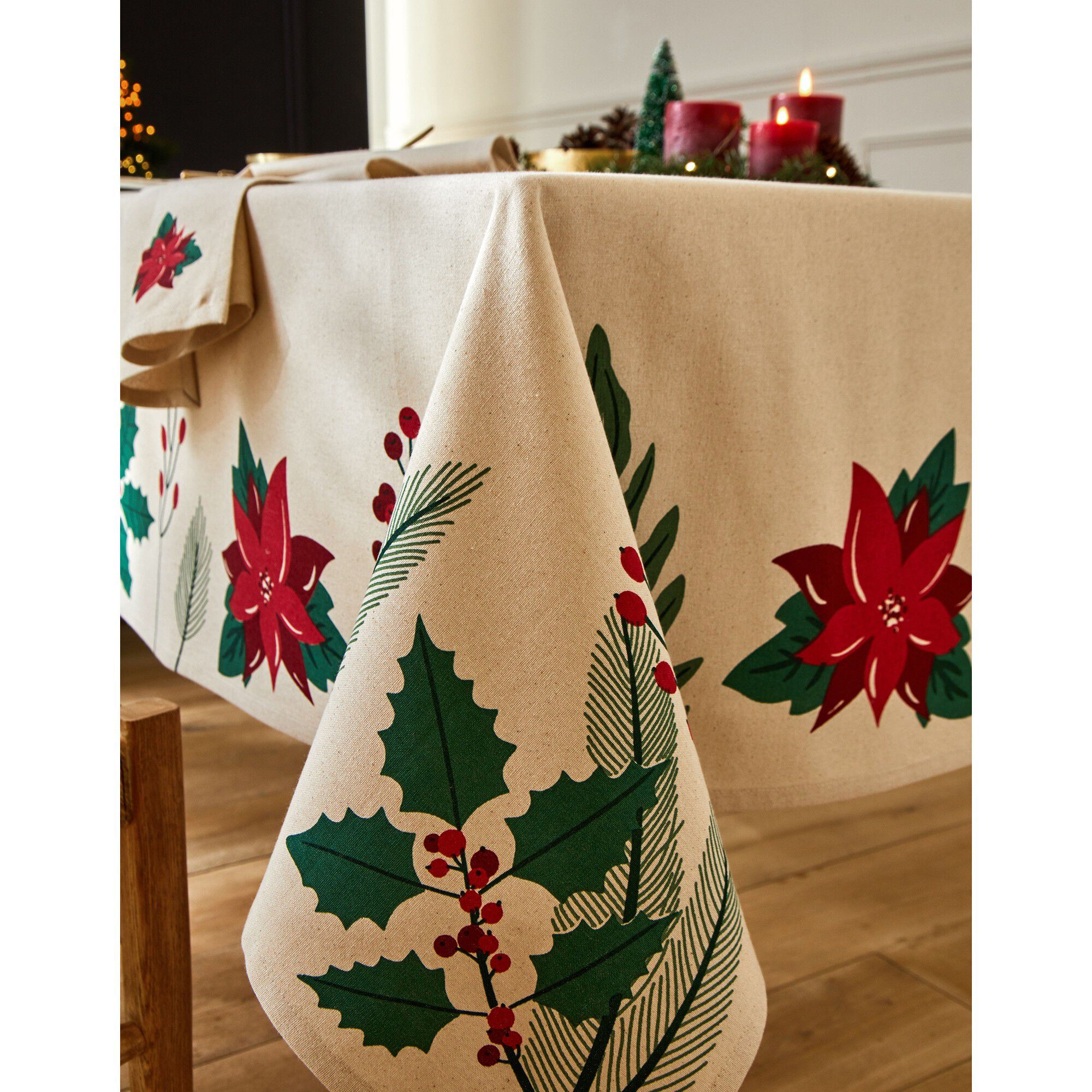 Nappe imprimée houx et poinsettia