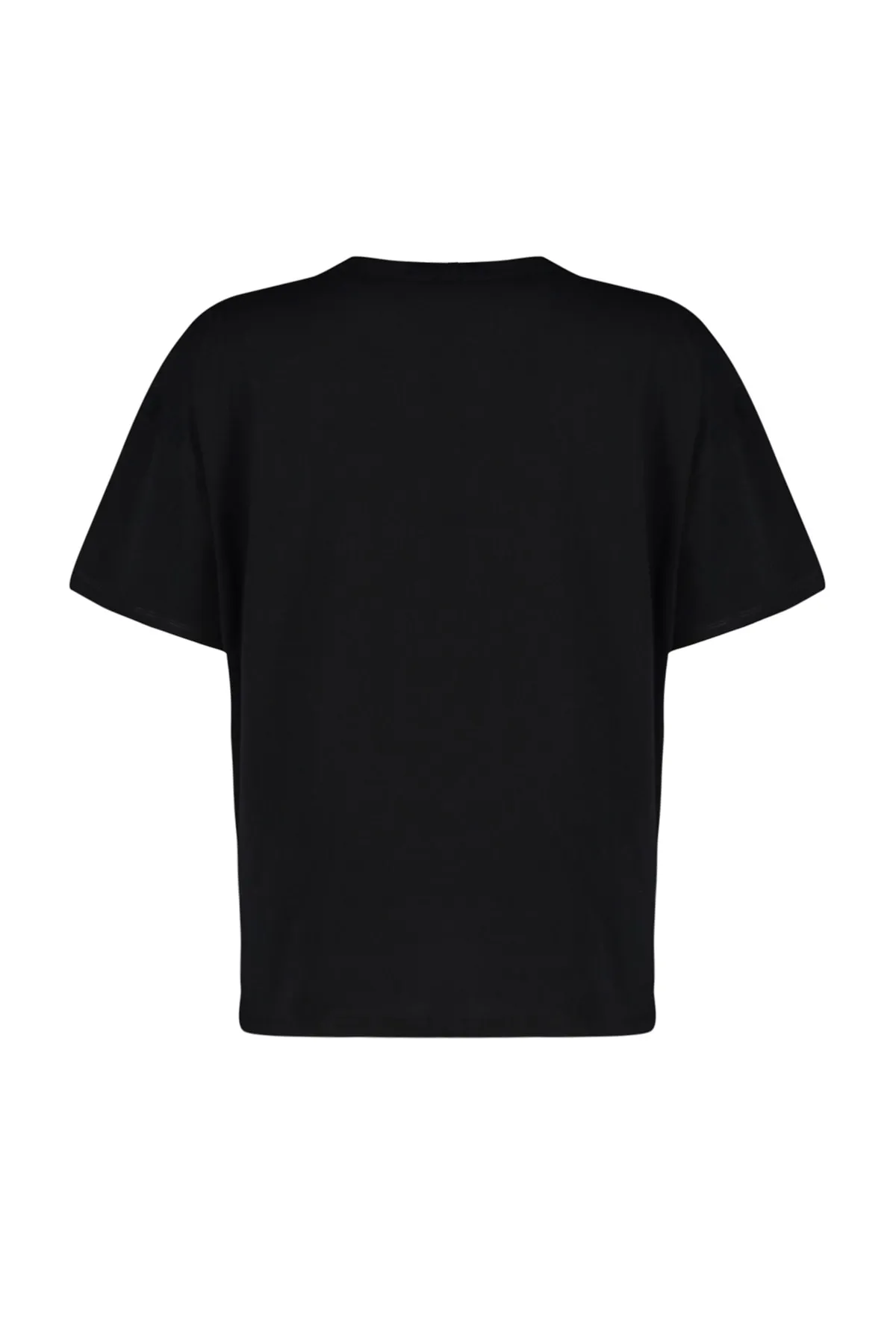 Trendyol Curve  Schwarzes, weit geschnittenes, bedrucktes Strick-T-Shirt mit Rundhalsausschnitt TBBSS23BF00015