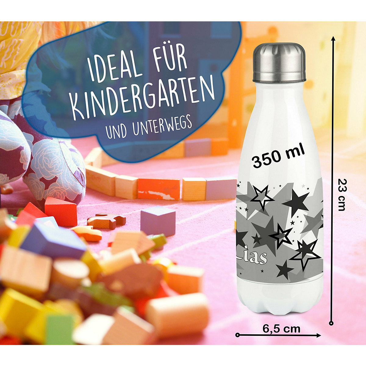 Edelstahl Kinder Thermoflasche / Trinkflasche bunt Sternenhimmel Farbe schwarz Spülmaschinenfest, Auslaufsicher, Bruchfest, Doppelwandig, Für Heißgetränke geeignet, Mit Deckel, Isoliert