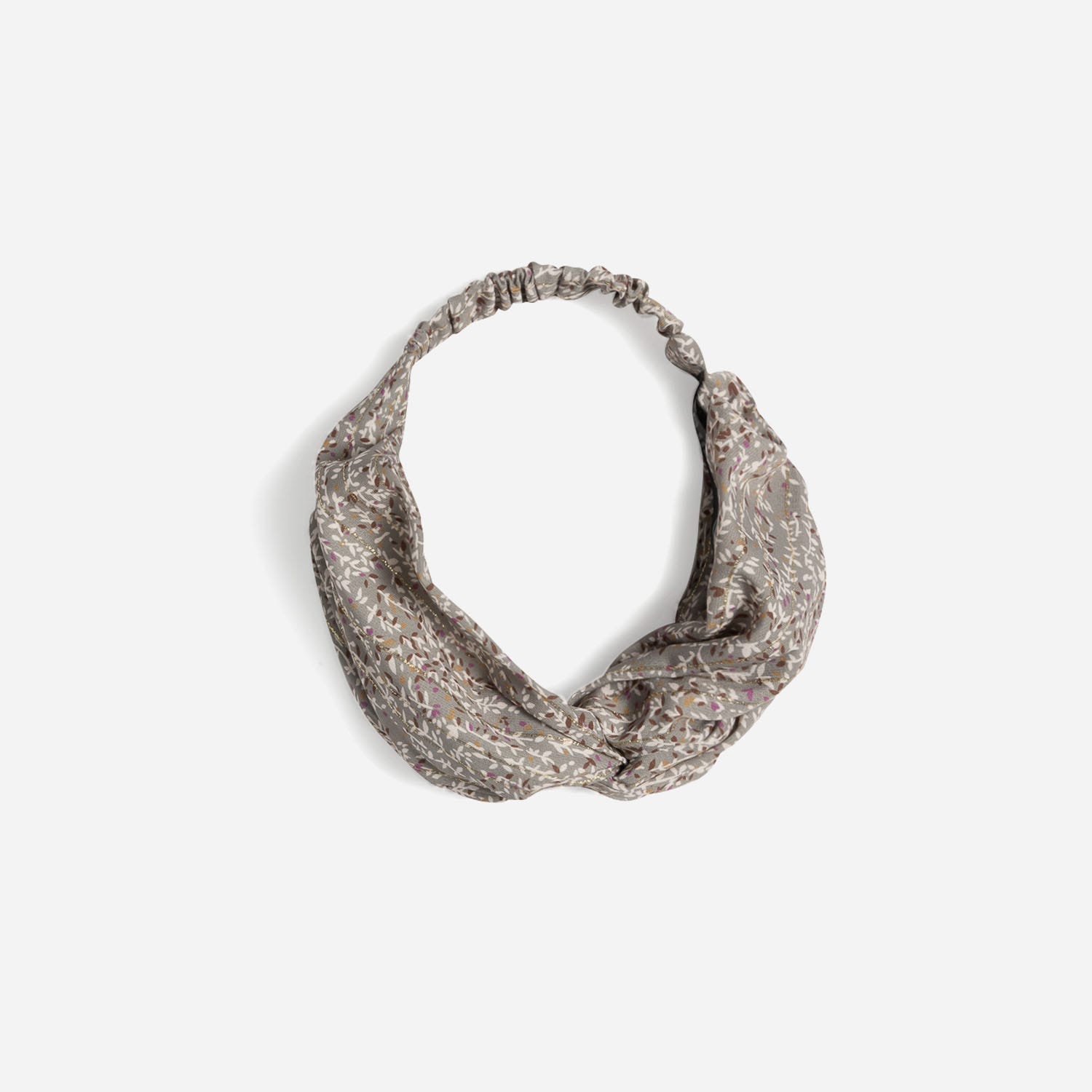 Bandeau vert sauge imprimé floral à rayures dorées