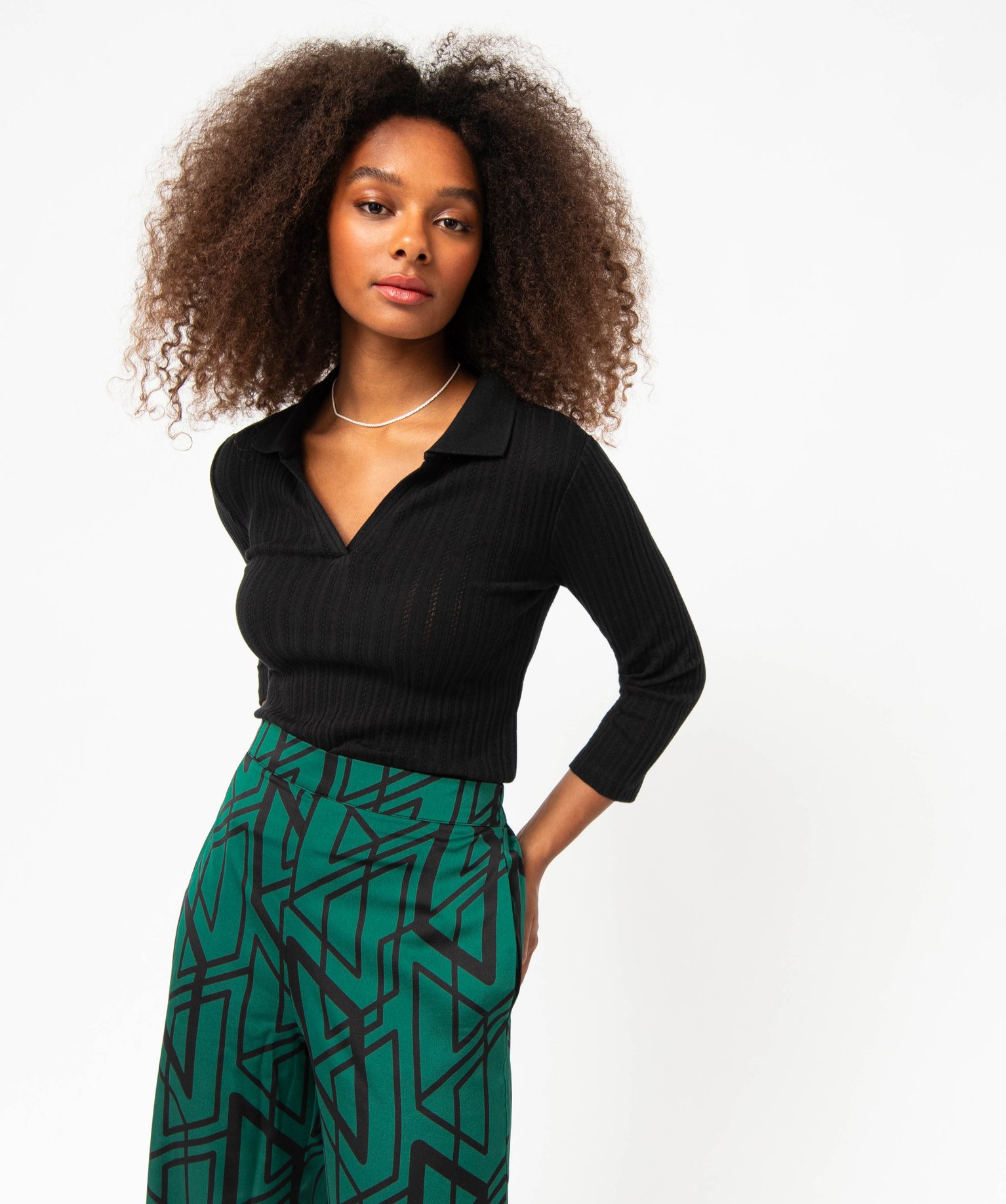 Tee-shirt à manches longues avec col polo femme noir | GEMO