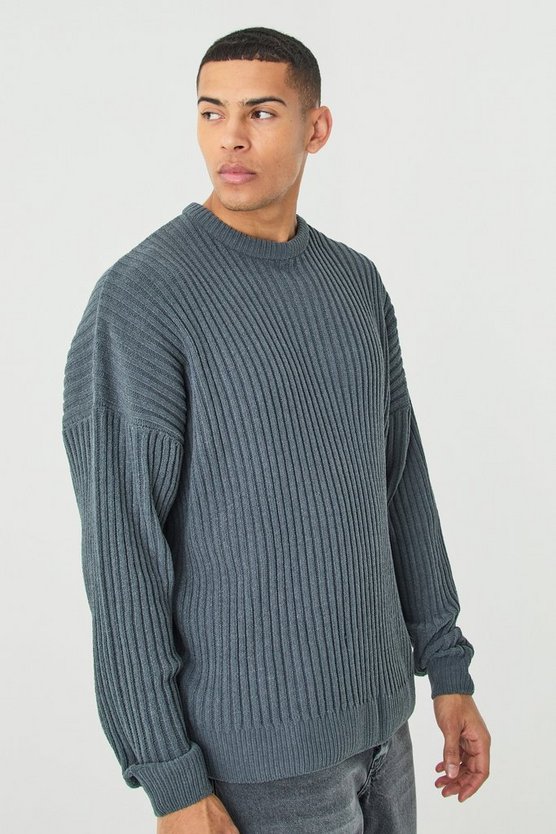 Gerippter Oversize Rundhals-Pullover
