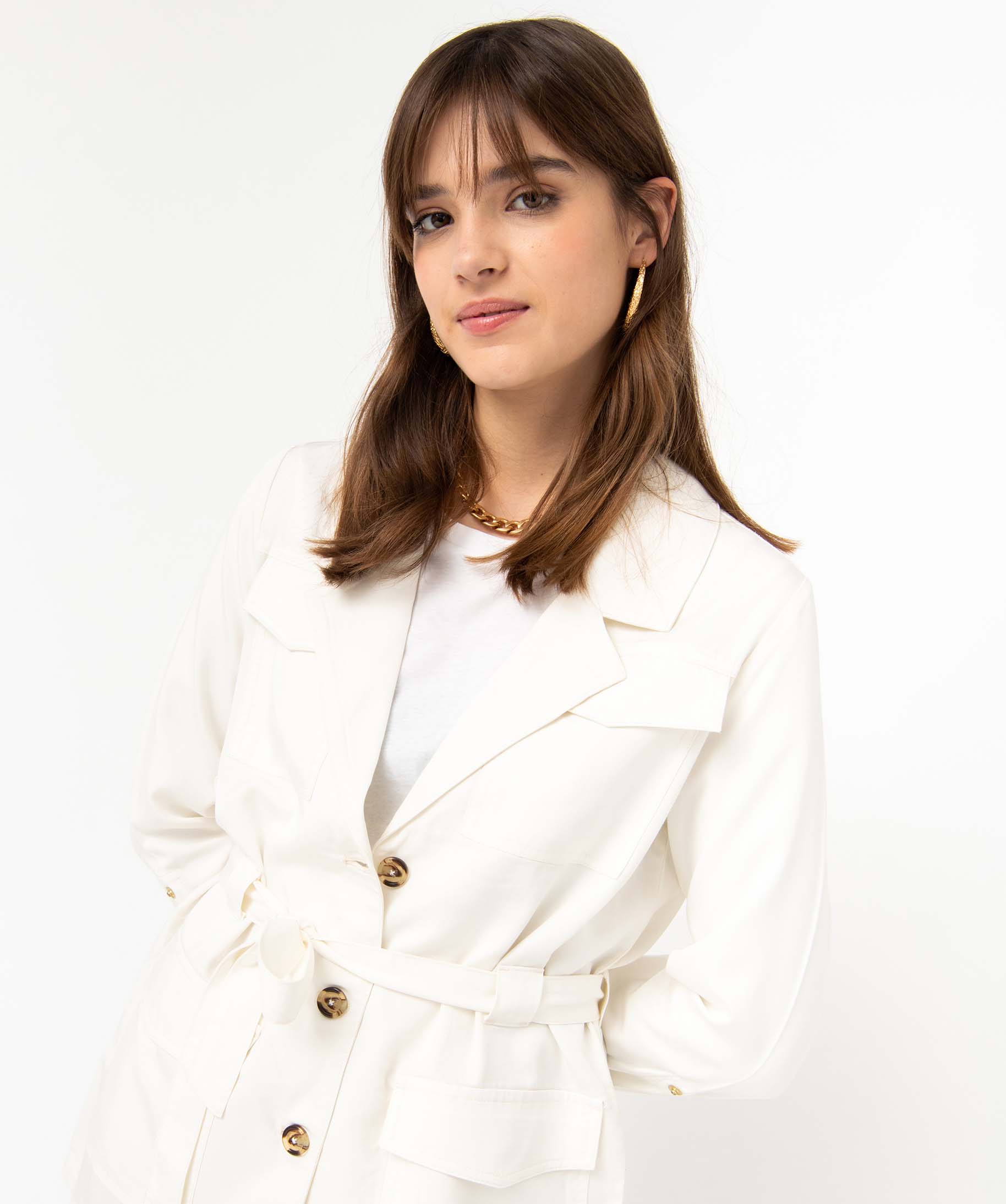Veste femme en Lyocell avec ceinture blanc | GEMO