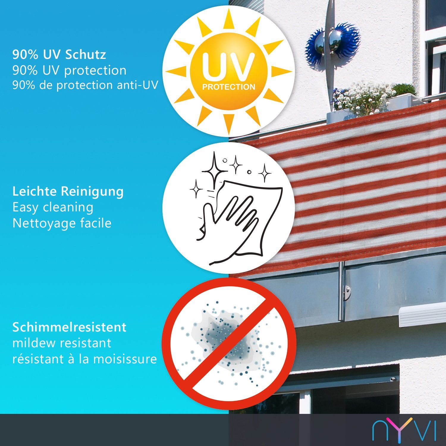 NYVI Balkonsichtschutz Balkon Sichtschutz ViewCover 90x500 cm - Ohne Bohren & Wetterfest HDPE (1-St) Balkonbespannung, Sichtschutz & Windschutz für Balkon, Terrasse, Zaun