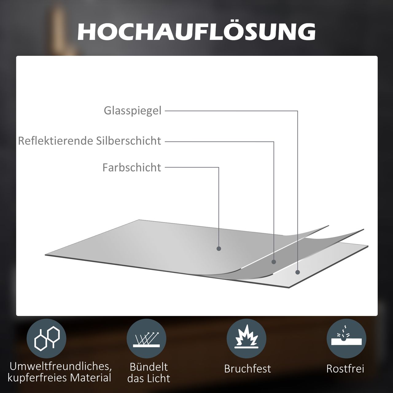 kleankin LED Badezimmerspiegel, 80 x 60 cm Badspiegel mit 3x Vergrößerung