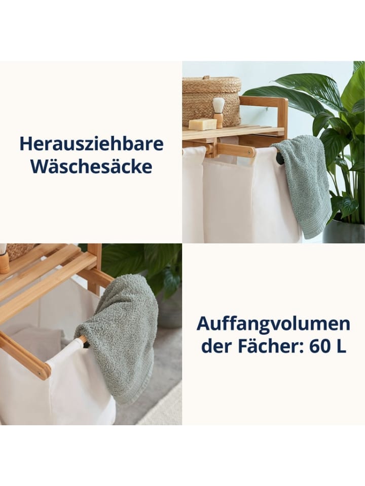 Lumaland Lumaland Wäschekorb aus Bambus mit 2 ausziehbaren Wäschesäcken - Farbe Weiß günstig kaufen onesize