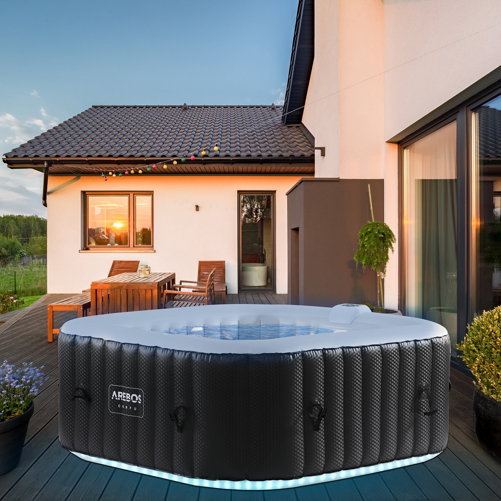 Arebos Whirlpool 154 x 154 cm, mit LED-Beleuchtung, 6 Farben, (Komplett -Set)