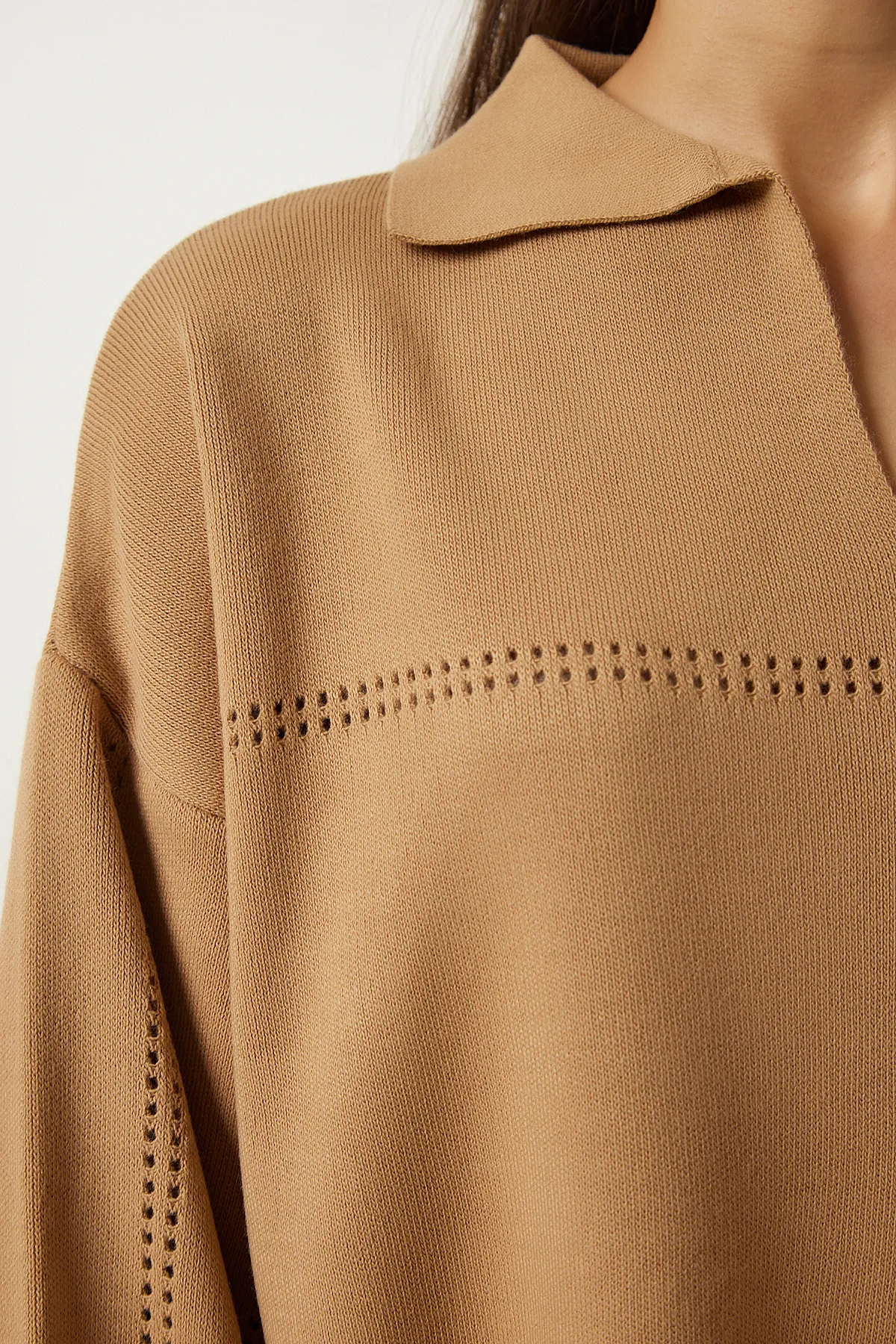 Happiness İstanbul  Kamelfarbener Damen-Polokragen-Stilvoller Strickpullover-Rock-Anzug YY00186