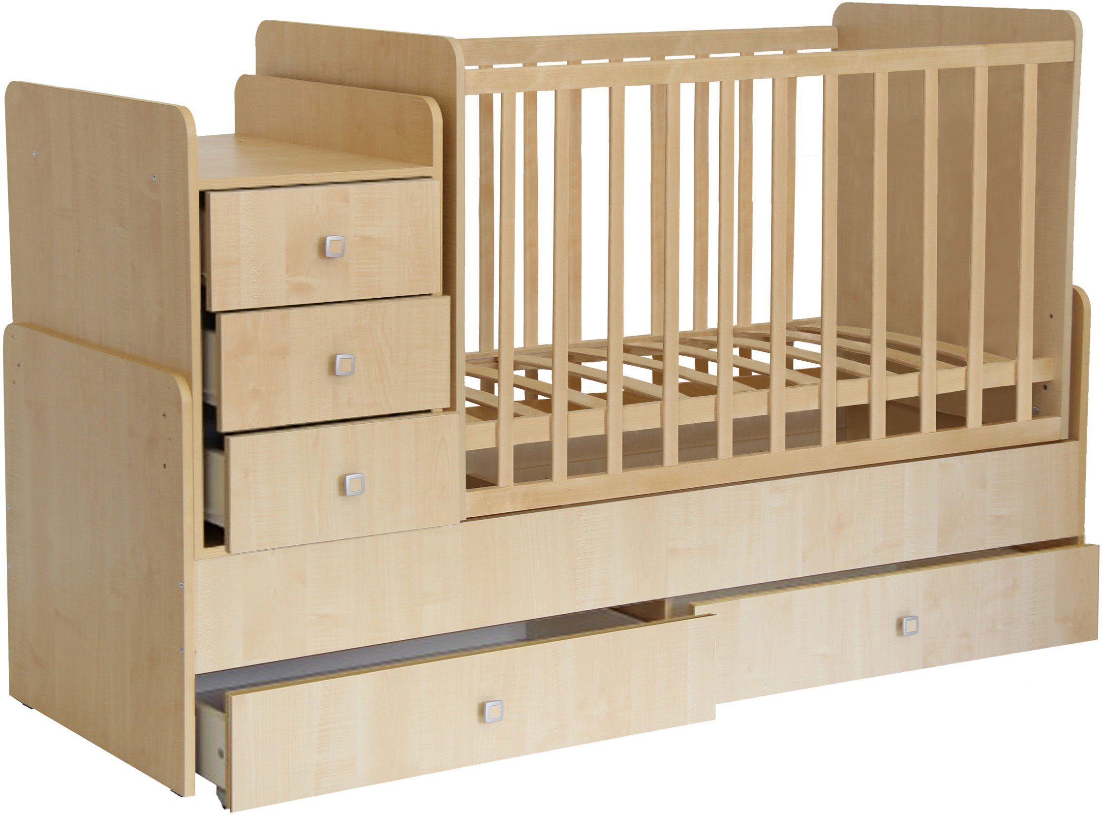 Polini kids Babybett Simple 1100, natur, mit zwei Bettschubkästen und Wickelstation; umbaubar