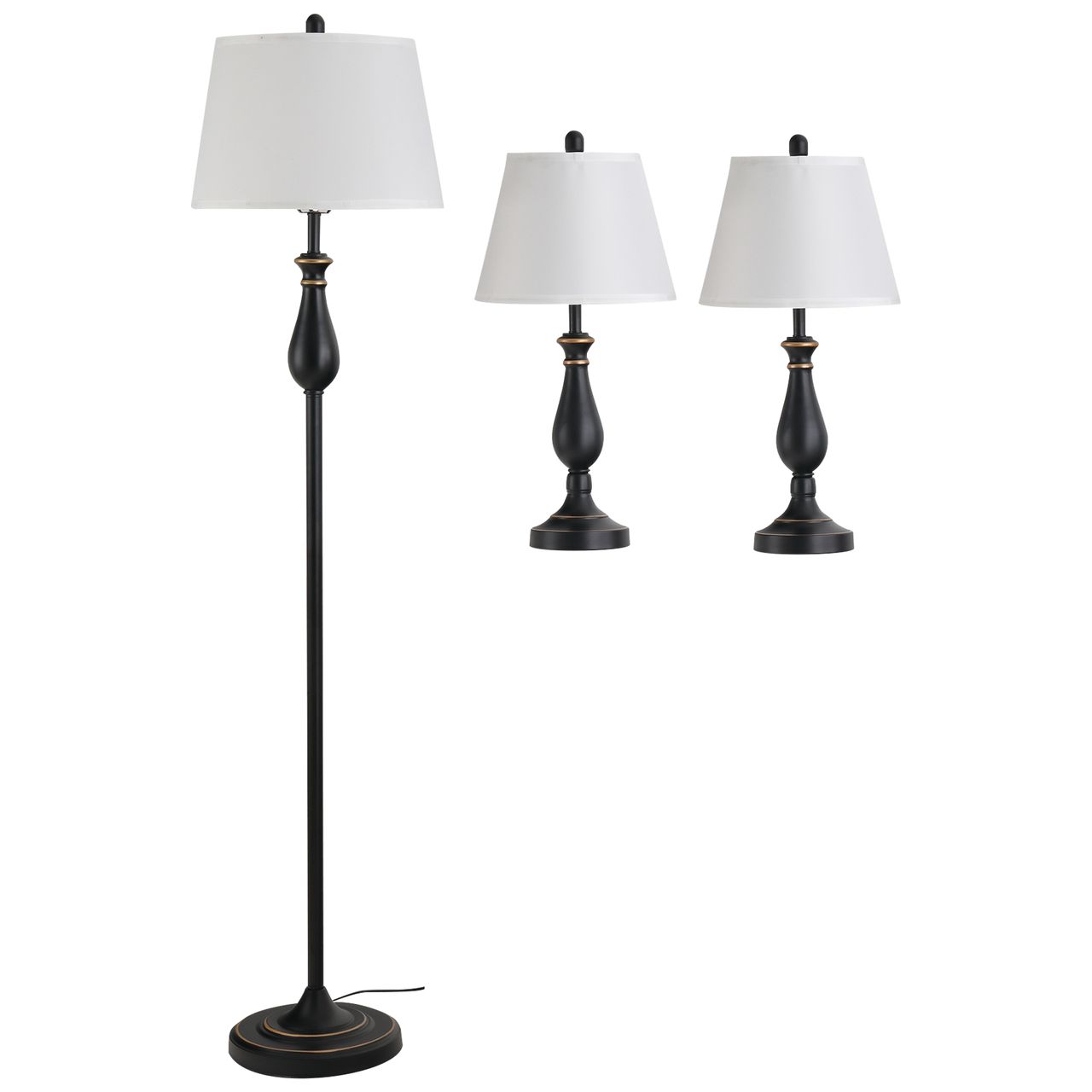 HOMCOM 3er-Lampenset 2 Tischlampe(ø30 x 62H cm)   1 Stehlampe(ø38 x 158H cm) Vintage, Schwarz Weiß, Metall, PS, Polyester, Baumwolle E27 Lampensockel