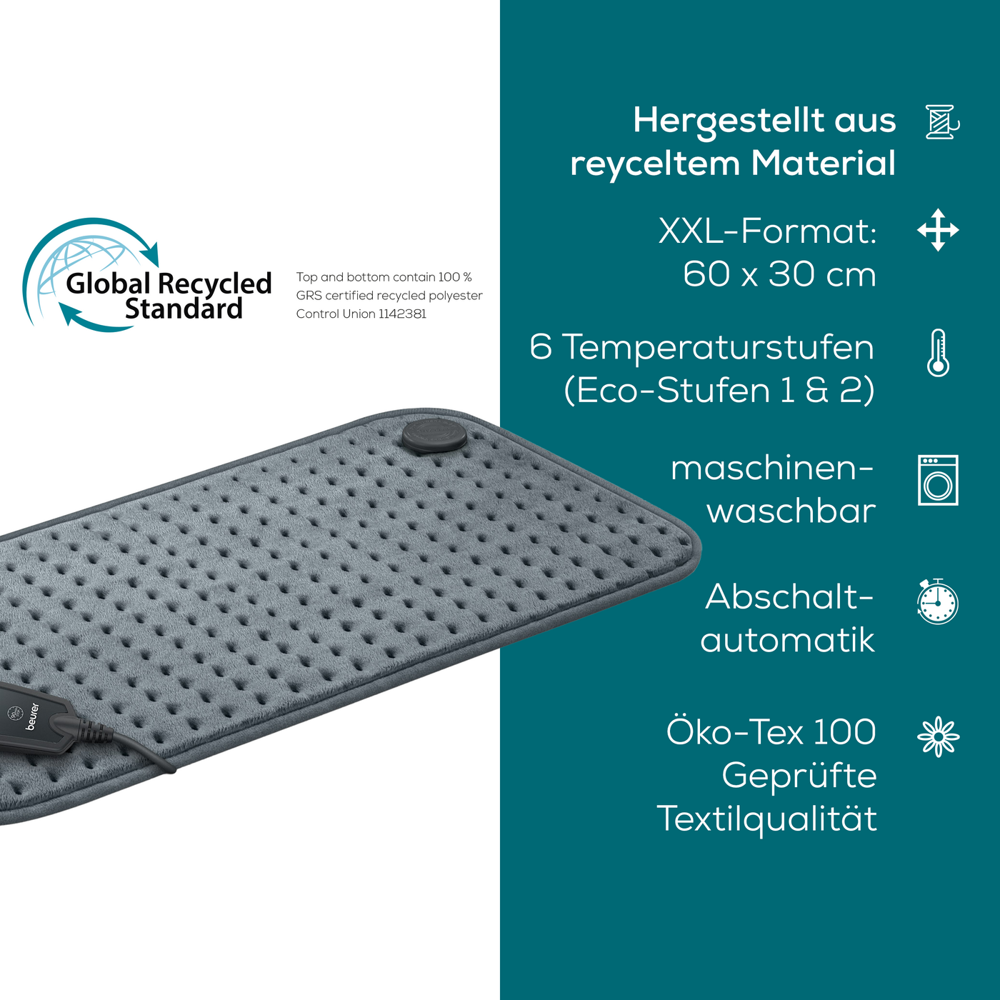 Beurer XXL-Heizkissen HK 123 XXL Cosy Grey Green Planet-Atmungsaktives Heizkissen im XXL-Format aus der Green Planet Reihe