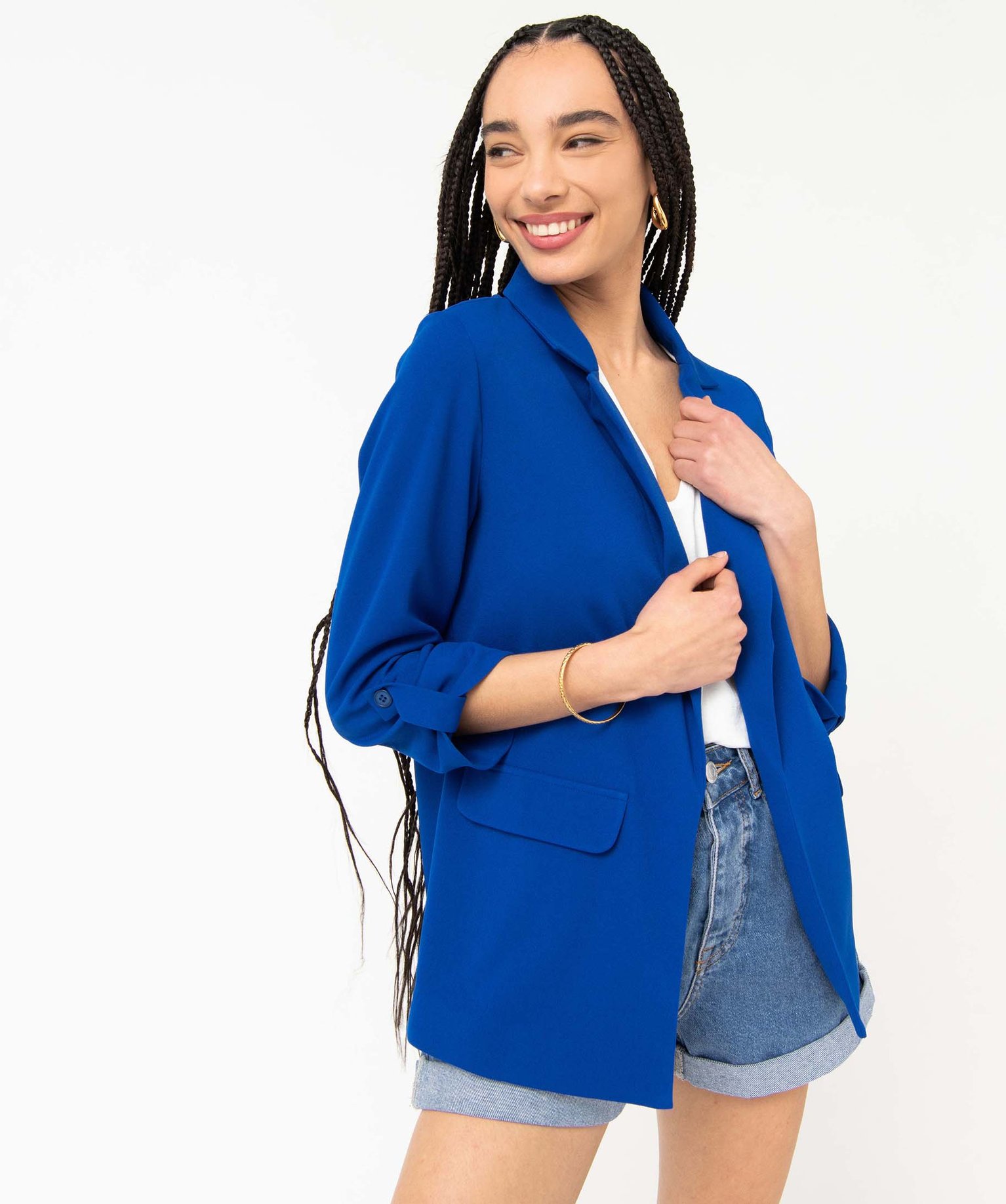 Veste droite en maille stretch manches 3/4 unie femme bleu | GEMO