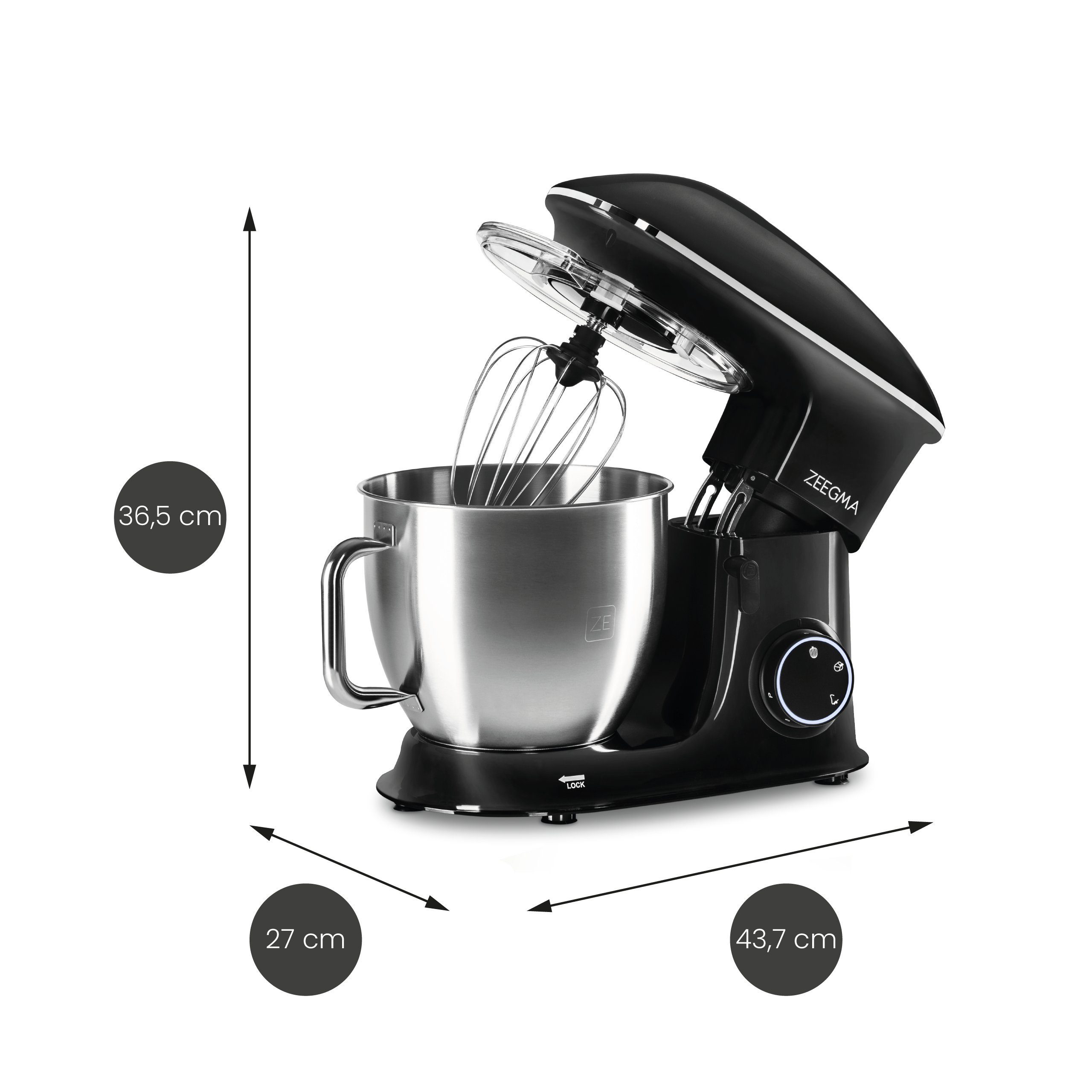 Zeegma Küchenmaschine PLANEET CHEF, 2200 W, 6,50 l Schüssel, 2200W Teflon LED XXXL 6,5 l Schüssel