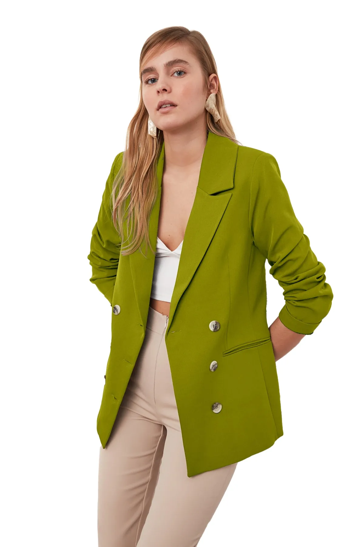 Trendyol Collection  Khakifarbene, gefütterte, zweireihige Blazerjacke aus Webstoff mit Knopfleiste TWOSS21CE0029
