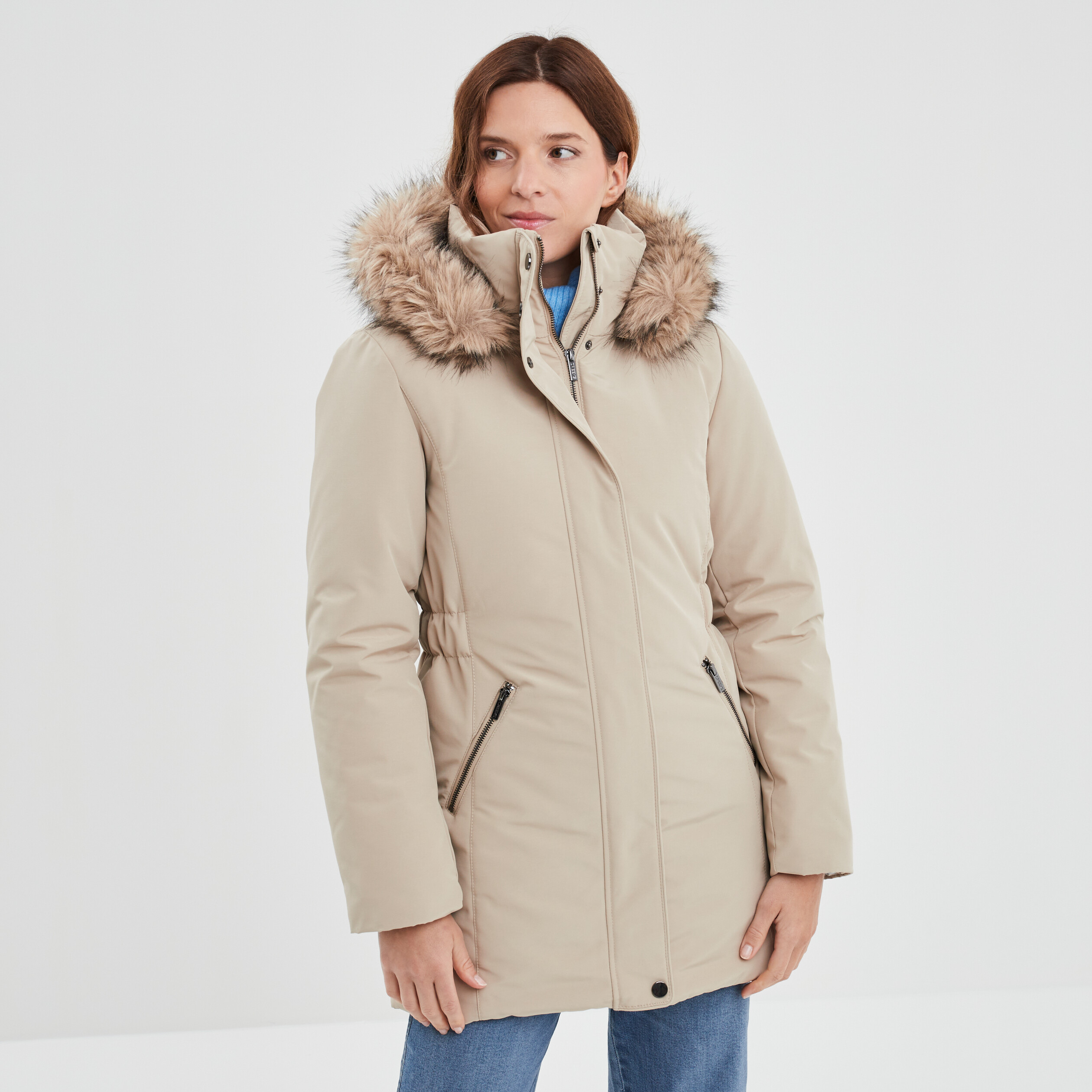 Parka mi-longue à capuche fourrure beige femme | La Halle