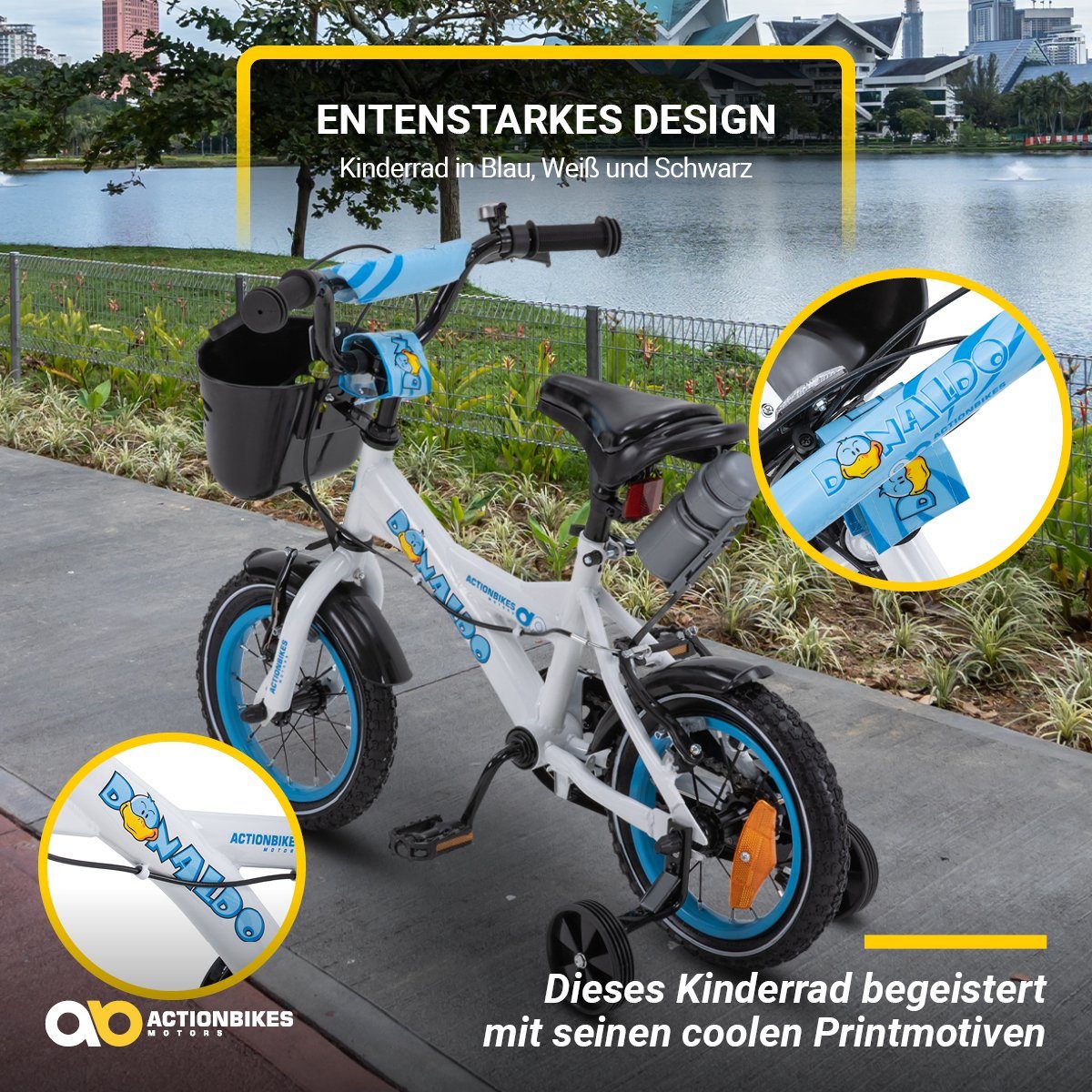 Actionbikes Motors Kinderfahrrad Kinder Fahrrad BMX Donaldo inkl. Korb - weiß / blau, 1 Gang, ohne Schaltung, (12 Zoll, ab 95 cm Körpergröße, max. Zuladung 35 kg, abnehmbare Stützräder, Klingel, Trinkflasche inkl. Halterung, Reflektoren, Antirutschgr