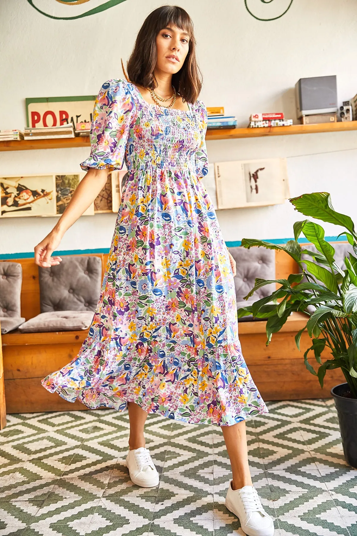 Olalook  Mehrfarbiges Gimped Casual-Kleid aus gewebter Viskose für Damen ELB-19001483