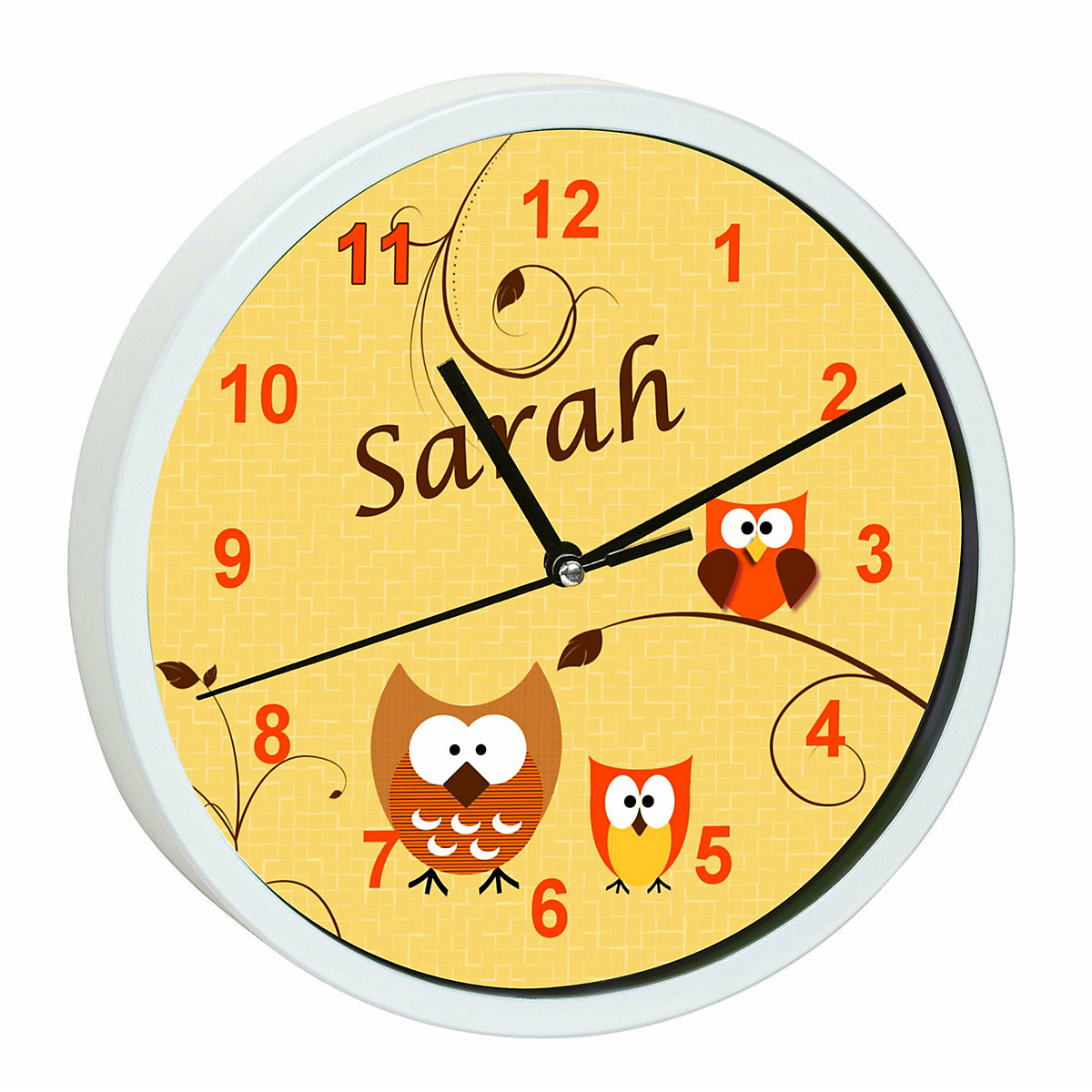 Kinder Wanduhr personalisiert mit Name Eule Orange
