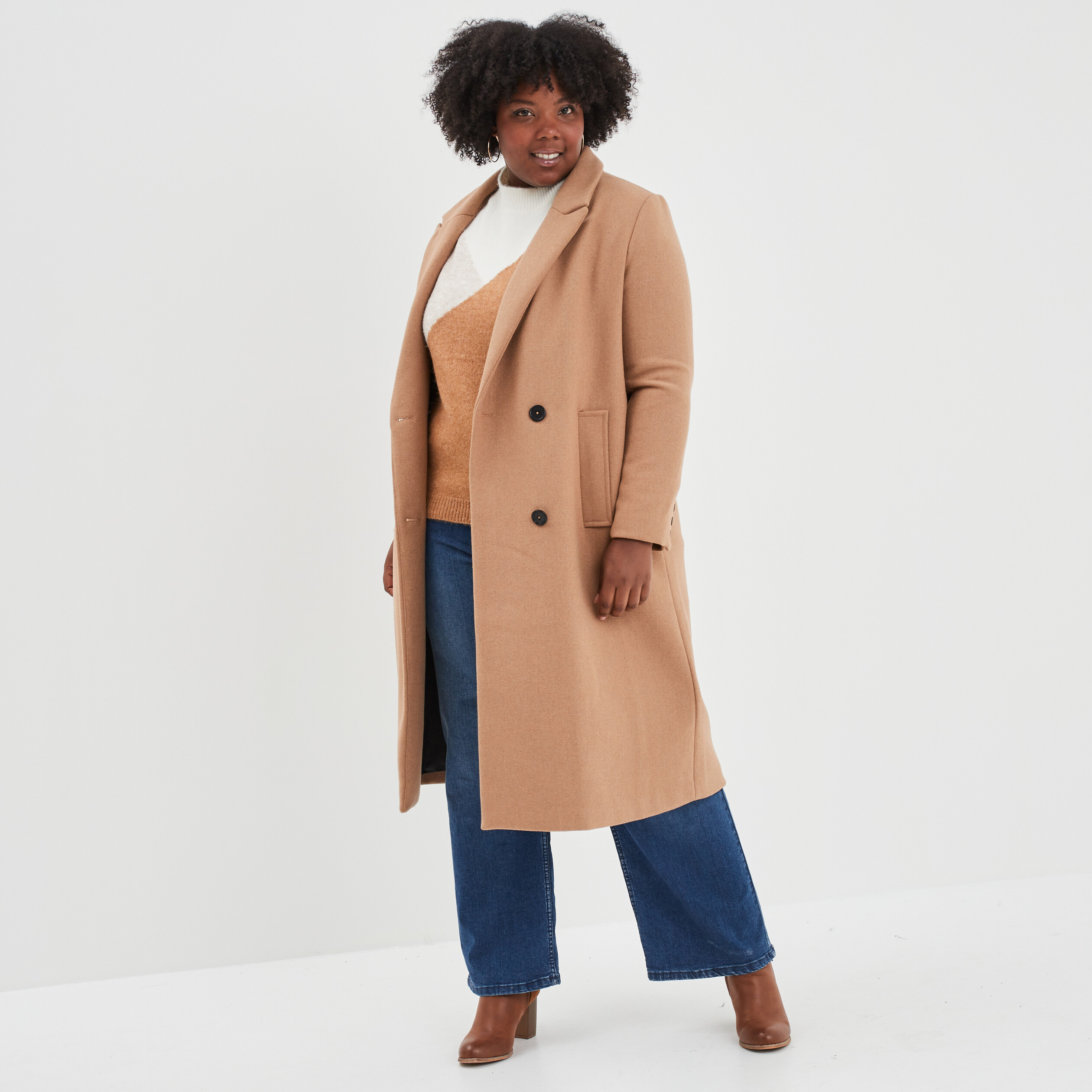 Manteau long double boutonnage taupe femme grande taille | La Halle