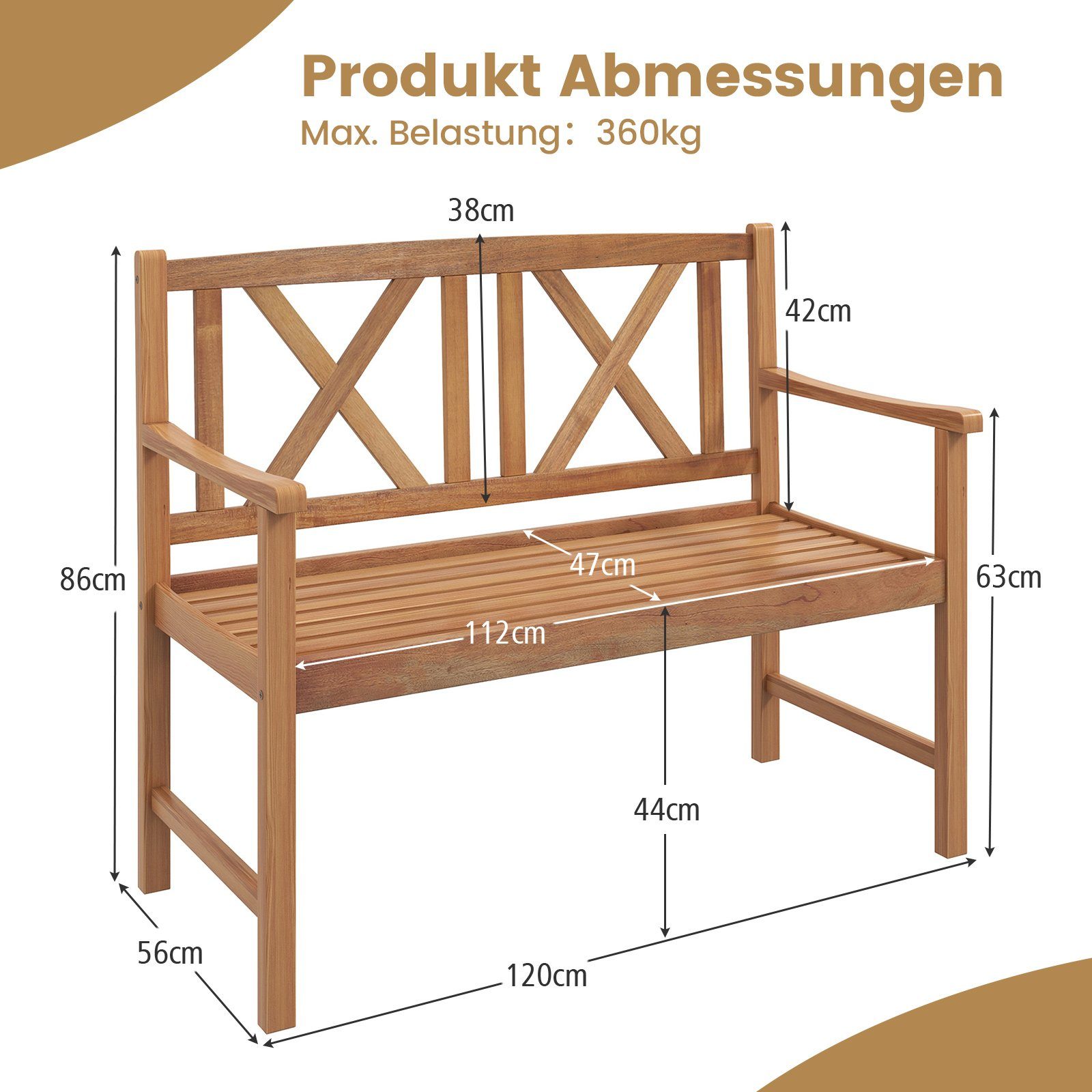 COSTWAY Gartenbank, für 2 bis 3 Personen, aus Akazienholz, bis 360kg
