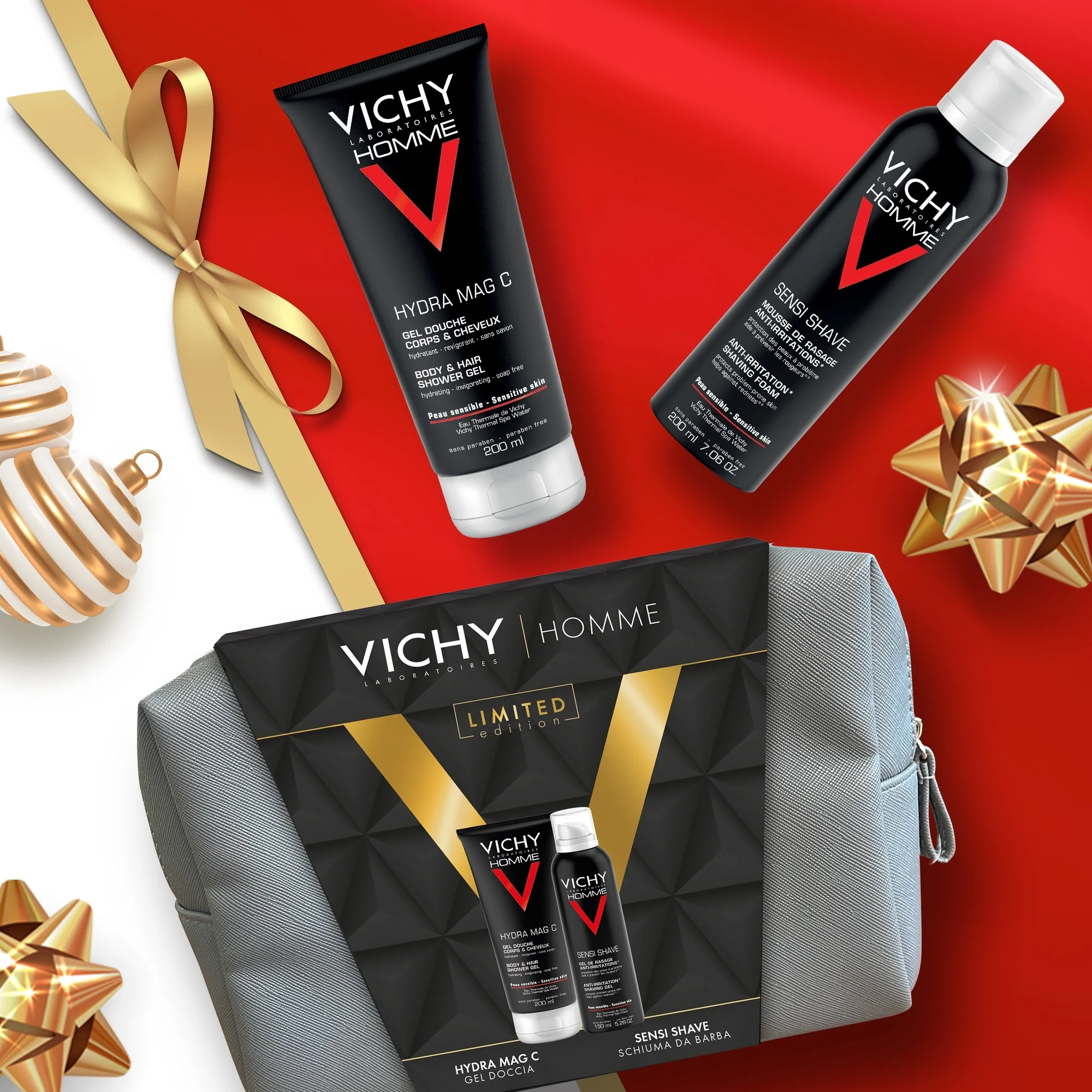 Vichy Homme férfi pochette Hydra Mag C tusfürdővel + Sensi Shave borotvahabbal - Arc- és testápolási ajándékcsomagok, borotvahab, fürdő és zuhany