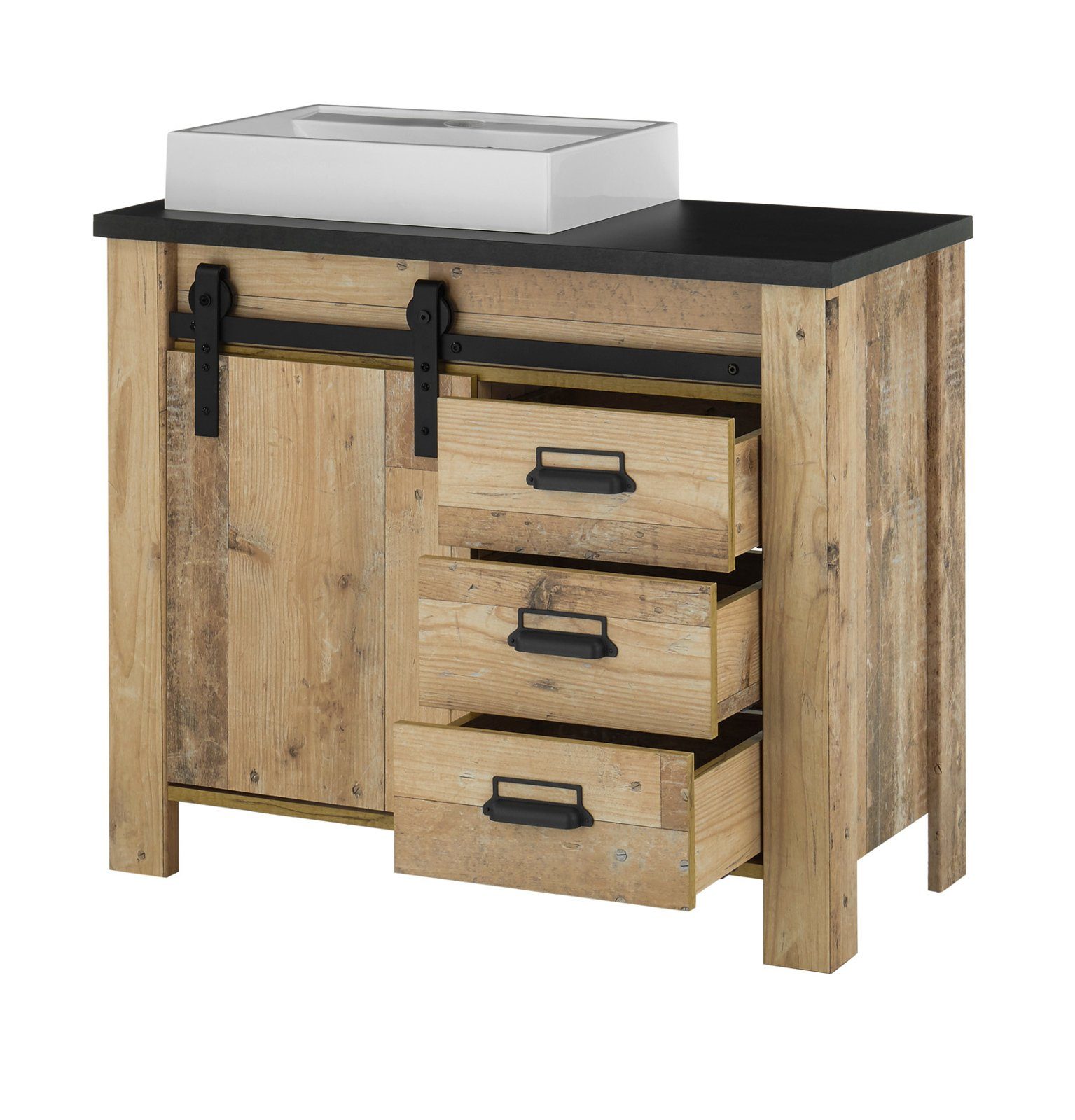 Furn.Design Badmöbel-Set Stove, (Used Wood Vintage, Komplett-Set), inklusive Waschbecken und Spiegellampe, Soft-Close