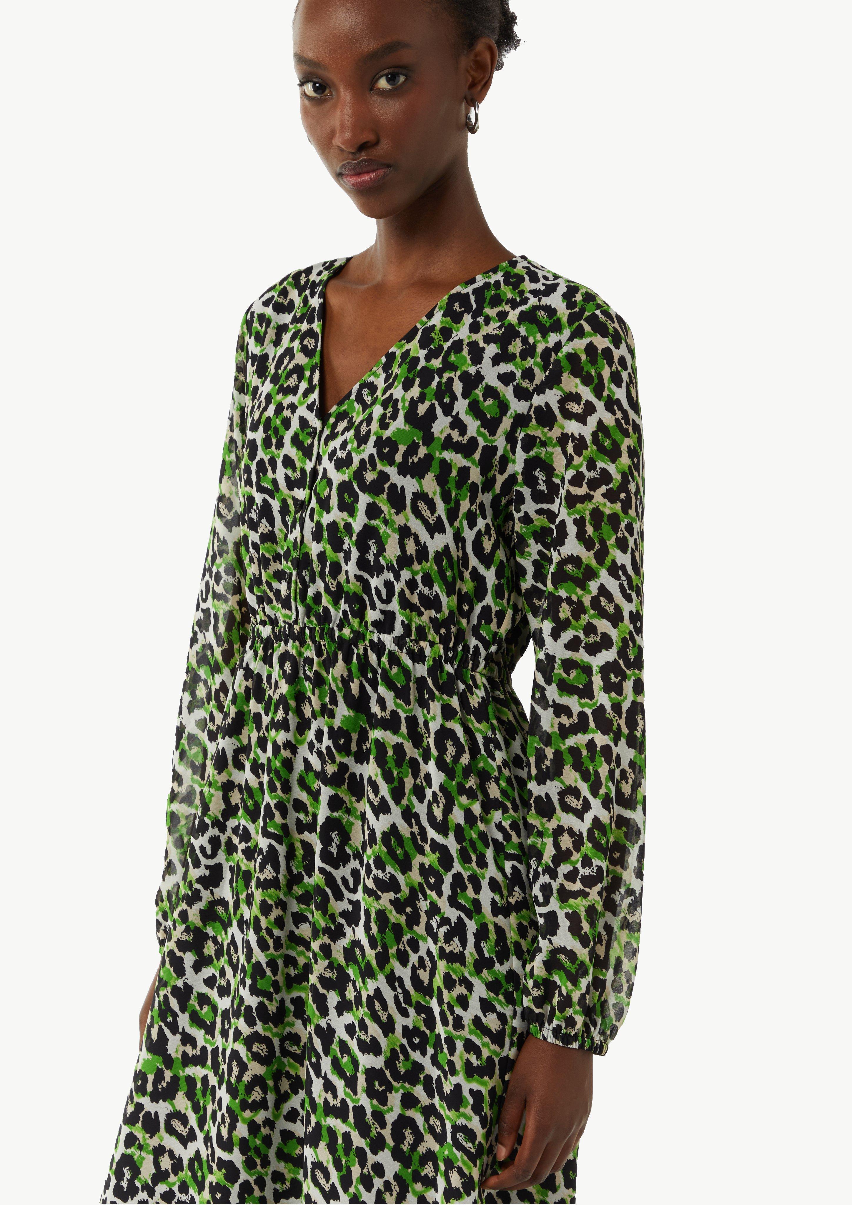 Kurzes Chiffon-Kleid mit Leo-Print und Knopfleiste - beige