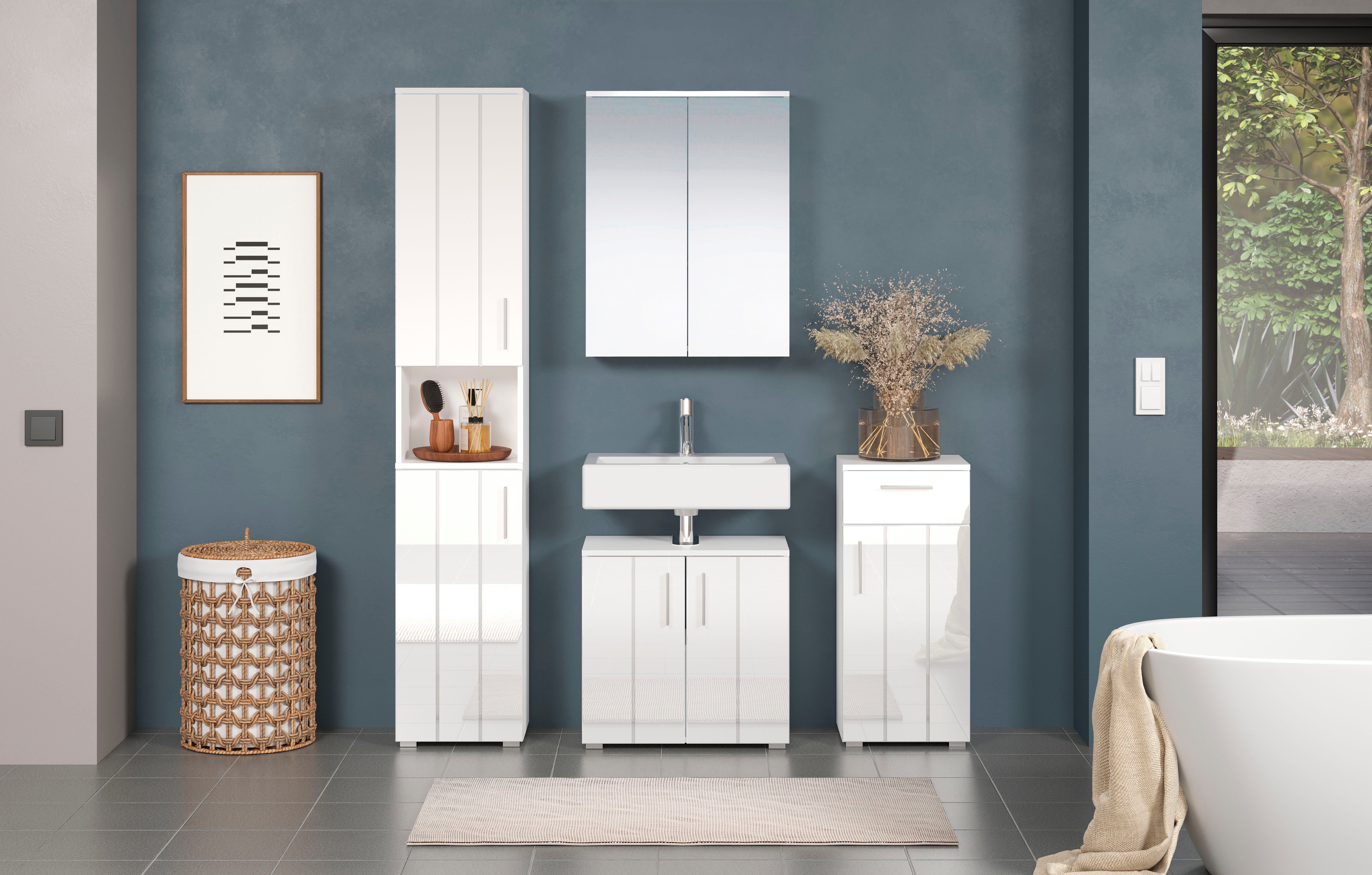 welltime Badezimmer-Set Prag, (Set, 4-St), Hochschrank, Unterschrank, Waschbeckenunterschrank & Spiegelschrank