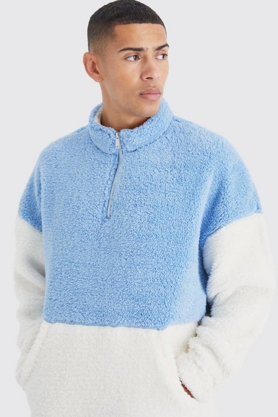 Oversize Borg Colorblock Sweatshirt mit 1/4 Reißverschluss