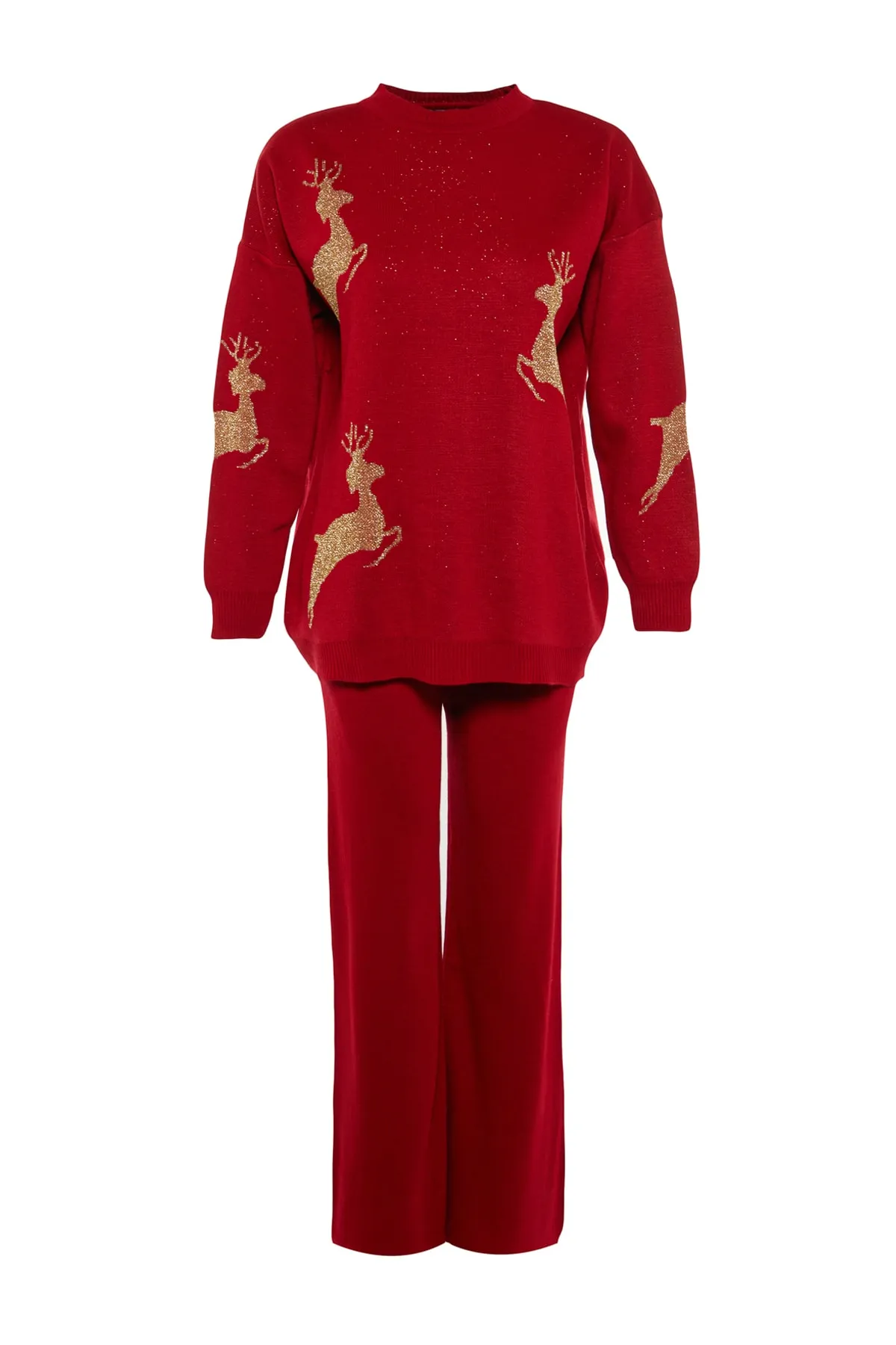 Trendyol Collection  Rotes gemustertes Strickoberteil und -unterteil-Set mit Neujahrsthema TWOAW23AU00174