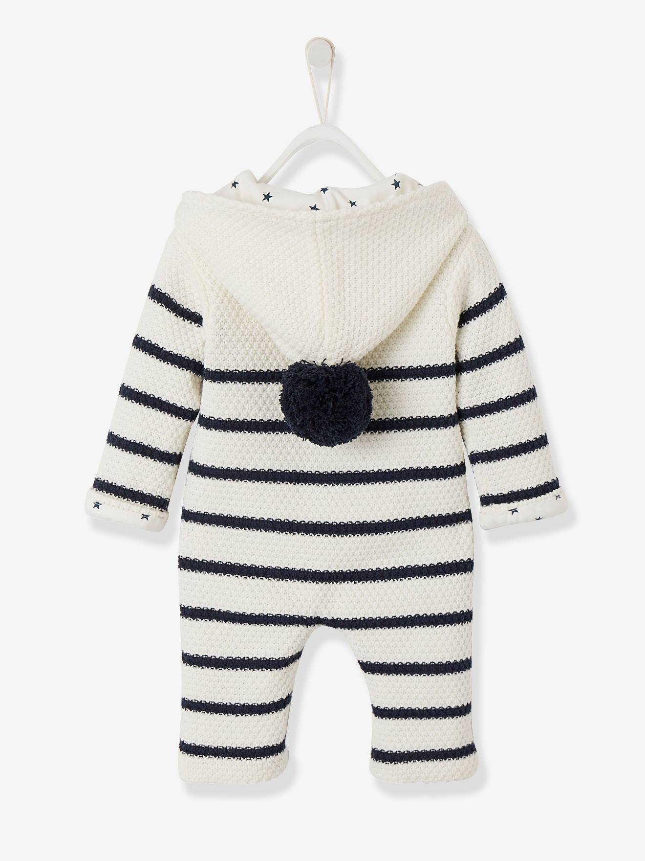 Vertbaudet Gefütterter Strickoverall für Neugeborene - wollweiß streifen+sterne