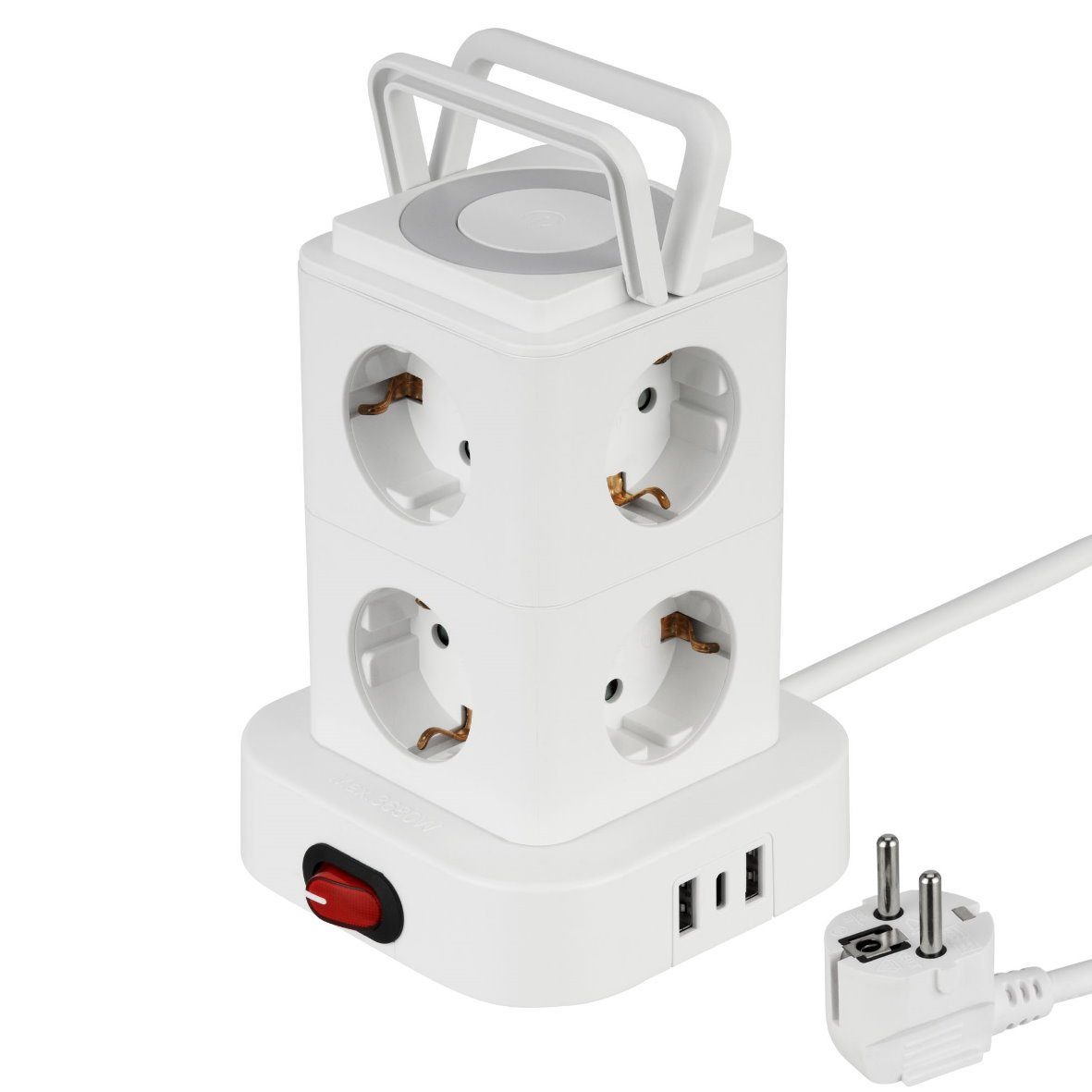 ADAKAT Steckdosenverteiler 11-fach (8x Schutzkontakt-Steckdose + 2x USB-A + 1x USB-C + beleuchter Ein/Aus Schalter + LED Leuchte mit Touchschalter + Tragegriffe, Kabellänge 1.40 m)