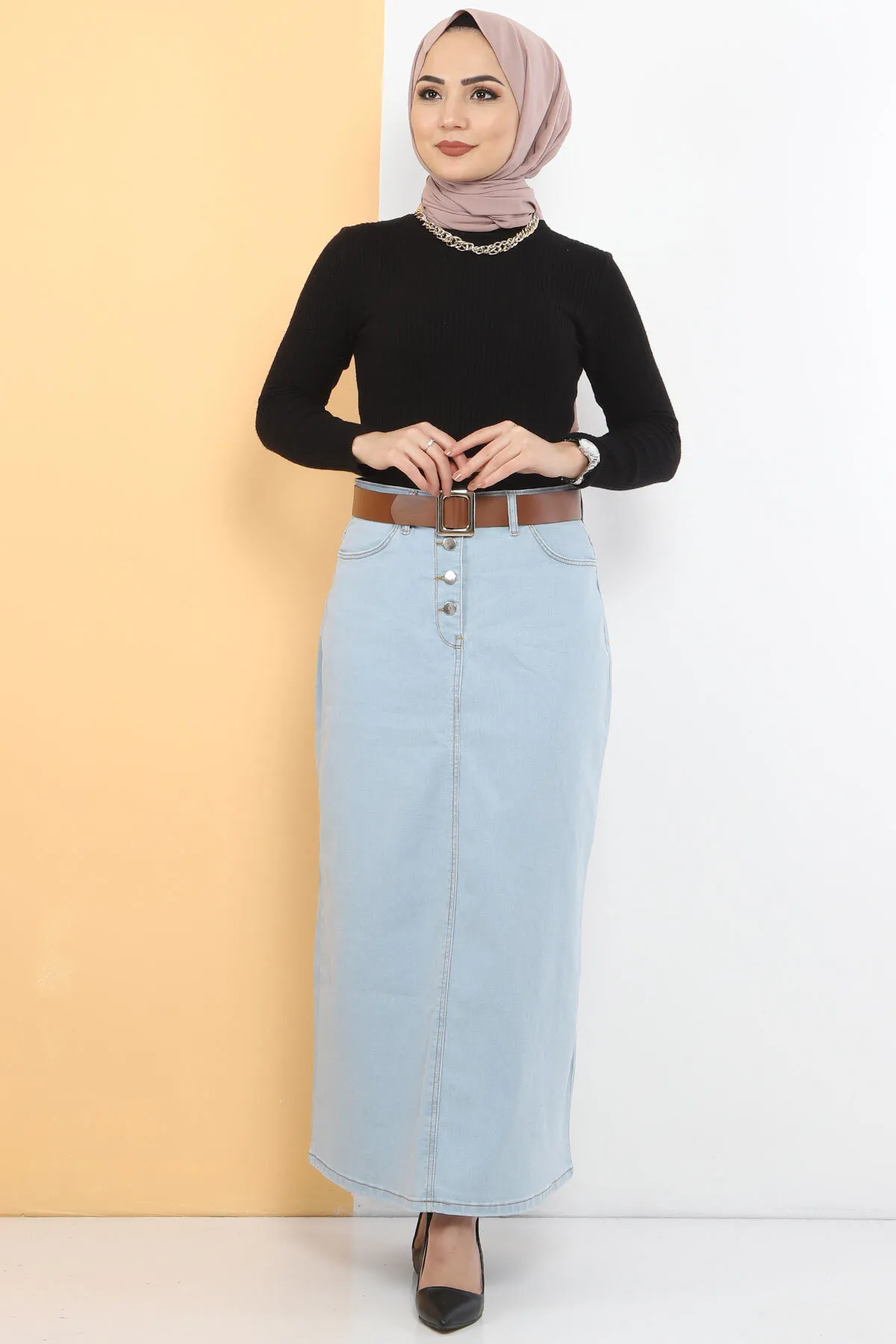 Tesettür Dünyası  Jeansrock mit Gürtel TSD231015 Hellblau