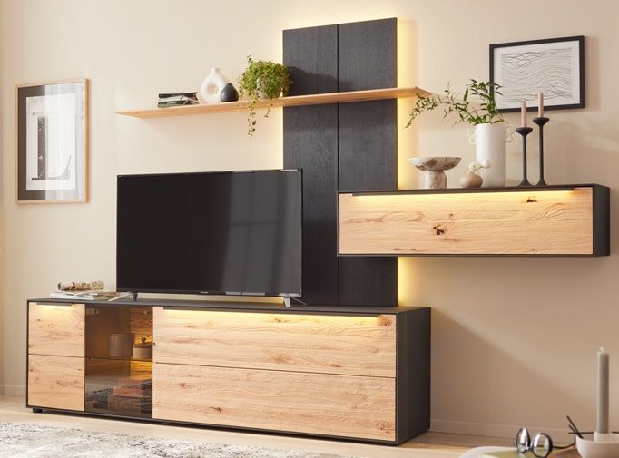 Interliving Wohnwand Riffbuche massiv Anthrazit