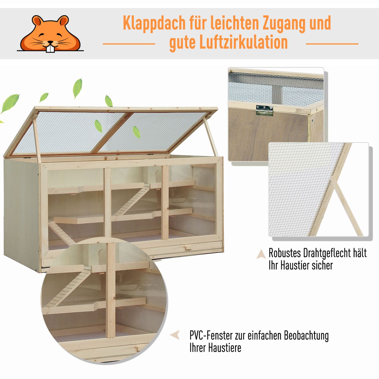 PawHut Hamsterkäfig Nagerkäfig Kleintierstall aus Holz Kleintierkäfig Naturholz