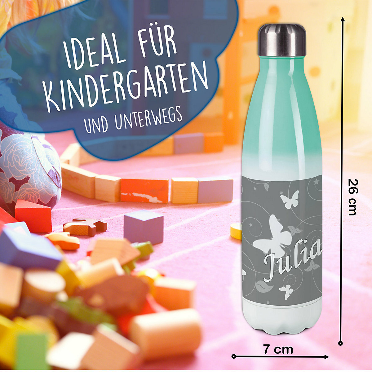 Edelstahl Kinder Thermoflasche / Trinkflasche bunt Schmetterling Ornamente Farbe grau Spülmaschinenfest, Auslaufsicher, Bruchfest, Doppelwandig, Für Heißgetränke geeignet, Mit Deckel, Isoliert