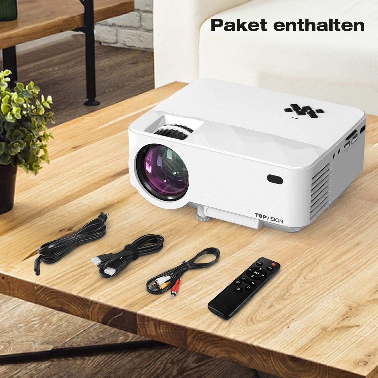 TOPVISION Minii mit Screen Mirroring Full HD 1080P Video Portabler Projektor (7000 lm, 9000:1, 1920 x 1080 px, mit 240