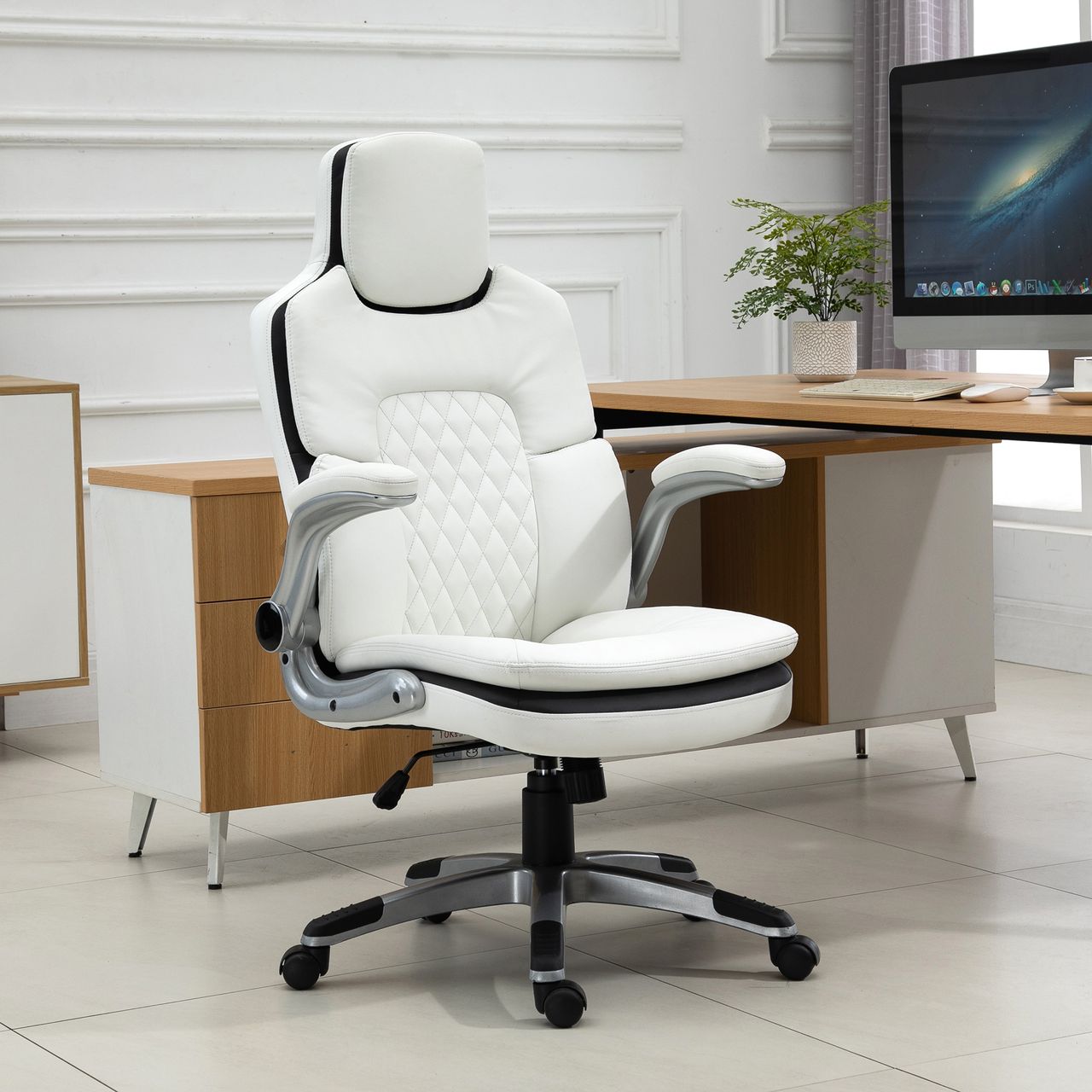 Vinsetto Ergonomischer Bürostuhl mit klappbare Armlehnen, Höhenverstellbarer Schreibtischstuhl mit Wippfunktion, Drehstuhl, PU, 69 x 67 x 113-121 cm
