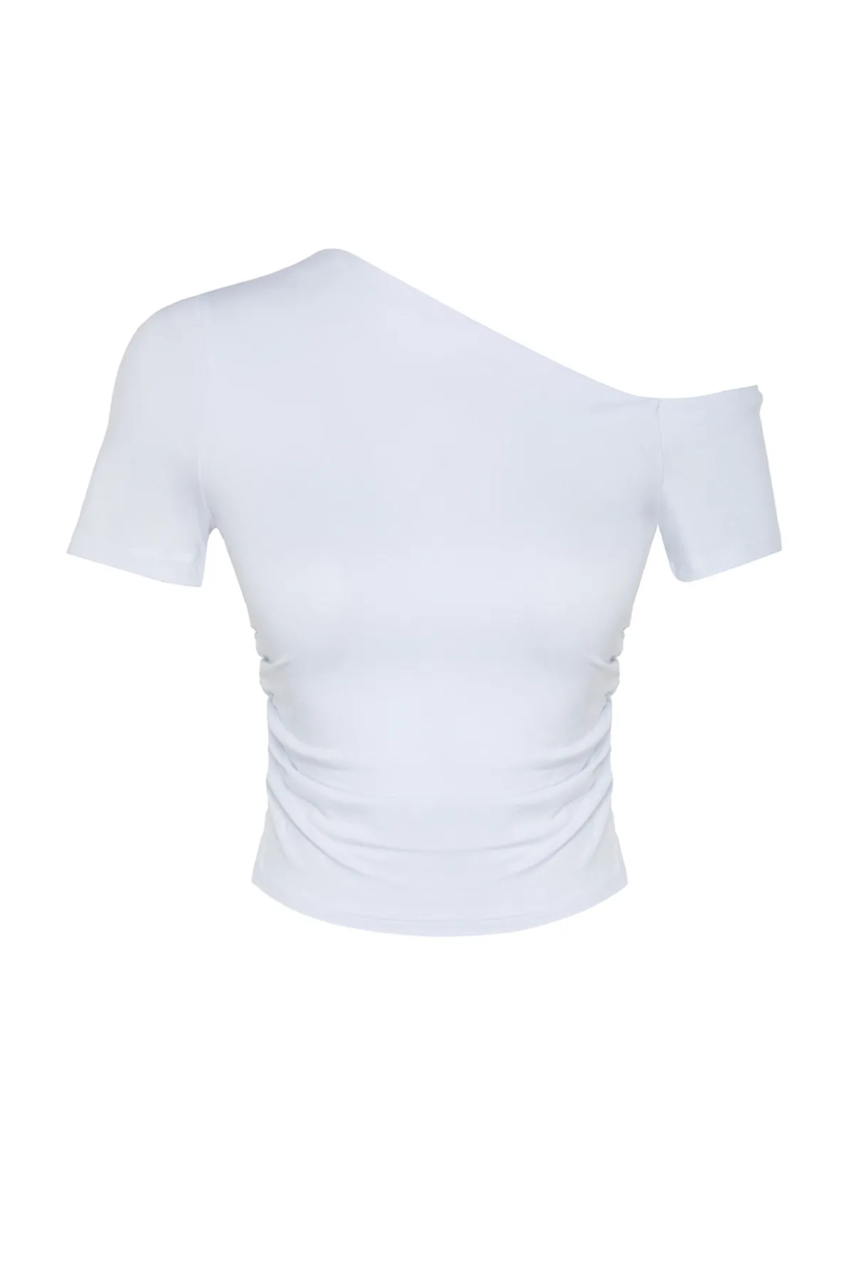 Trendyol Collection  Weiße, geraffte, dehnbare Strickbluse mit asymmetrischem Kragen TWOSS24BZ00073