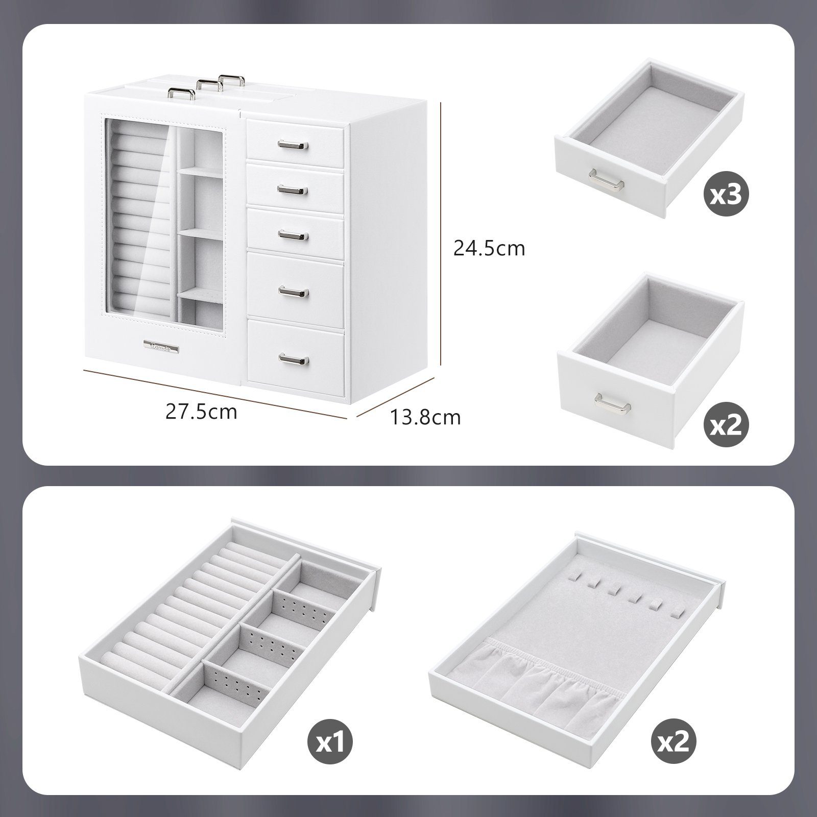 Yorbay Schmuckkasten Schmuckkoffer mit 8 Schubladen, Weiß, Schmuckkasten mit Glasfenster, Schmuckschatulle für Halsketten, Ringe, Armbänder, Ohrringe