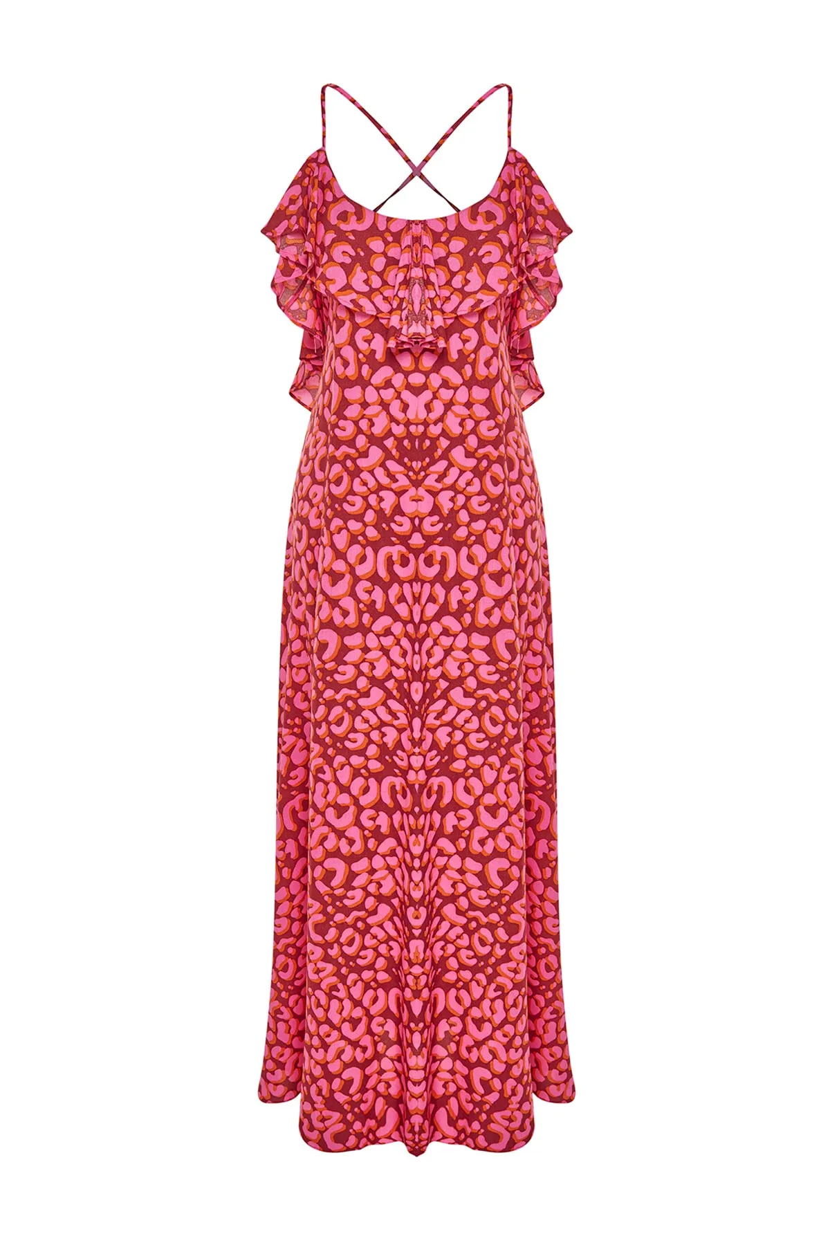 Trendyol Collection  Maxi-Strandkleid mit gewebten Rüschen und Tiermuster TBESS19WY0004