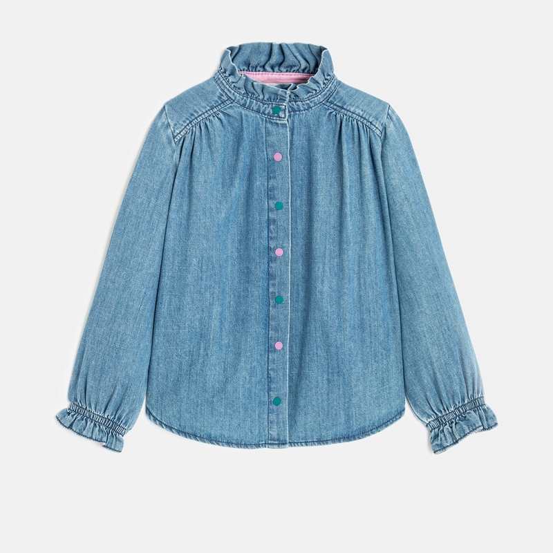 Chemise fille denim bleue stone col volanté Catimini